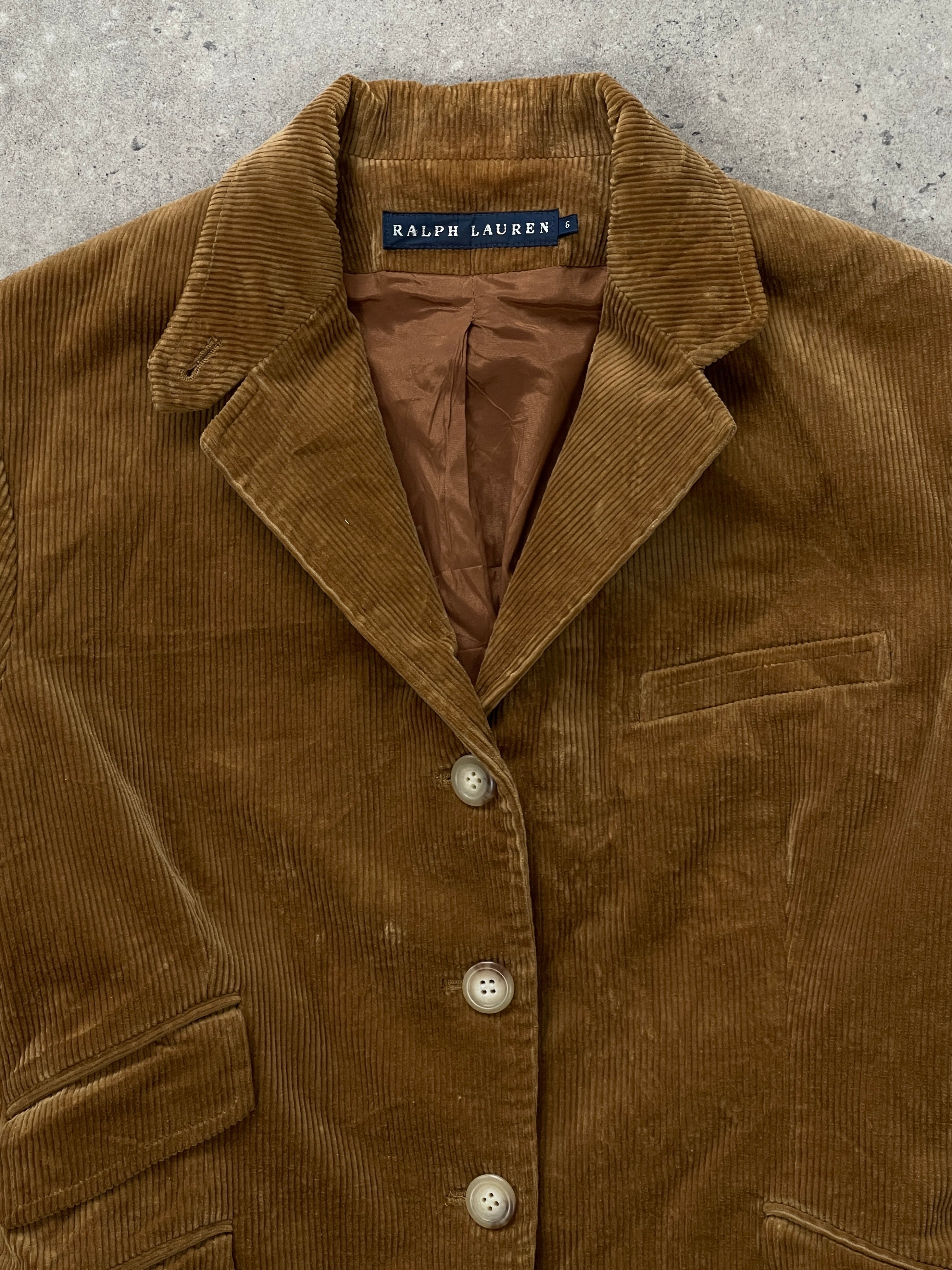 Ralph Lauren 2000s high neck corduroy blazer in XS, shown in a classic tan color with structured fit.