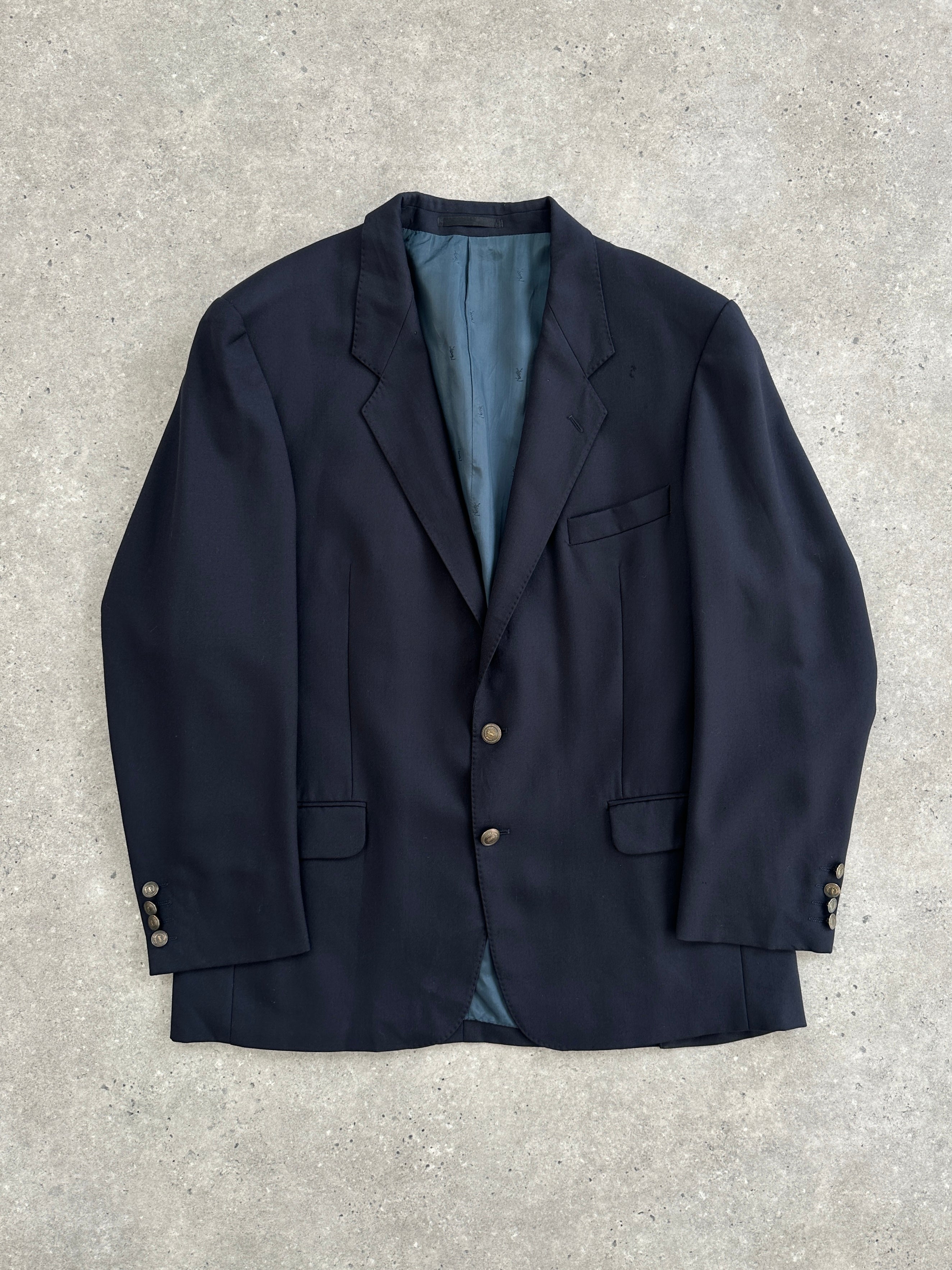 Yves Saint Laurent Pour Homme 1980s bespoke XL wool blazer with button details, classic tailored fit, and elegant design.