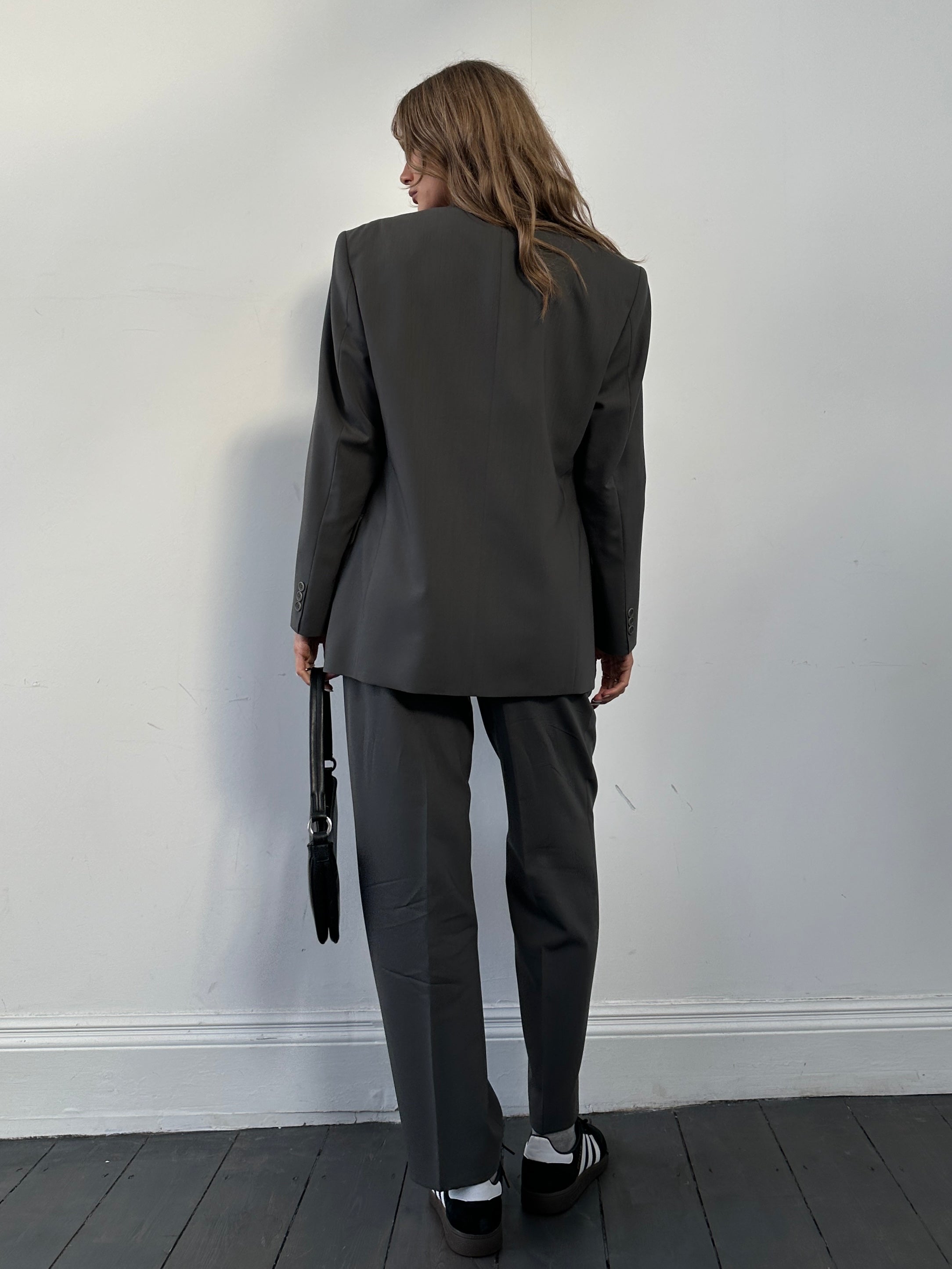 Balmain pure wool single-breasted suit jumpsuit in size 38S/W32, tailored fit with classic lapel and sleek design.