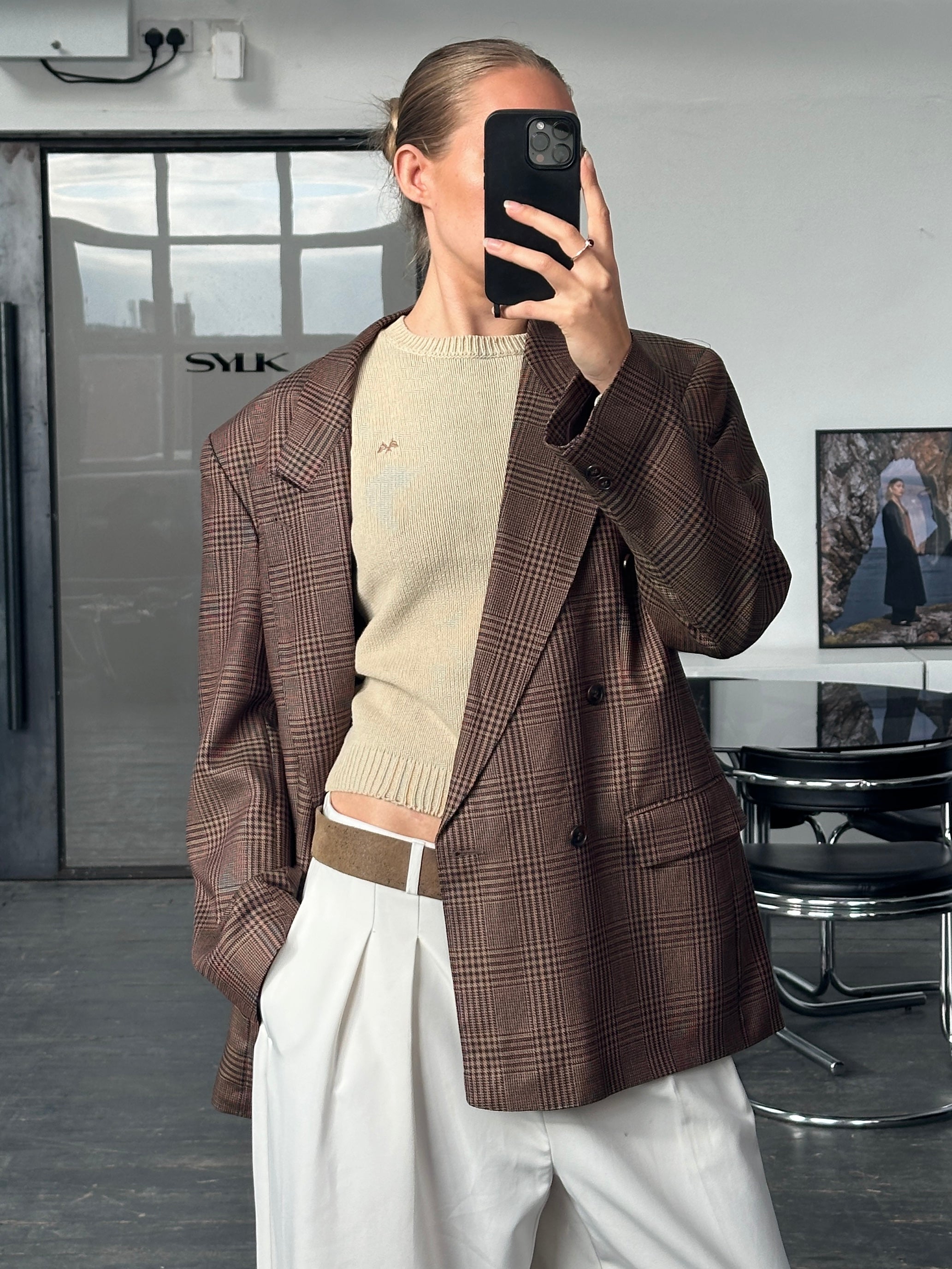 Yves Saint Laurent Diffusion Hommes 1980s check wool blazer size 42R/XL, featuring a classic tailored fit and vintage check pattern.