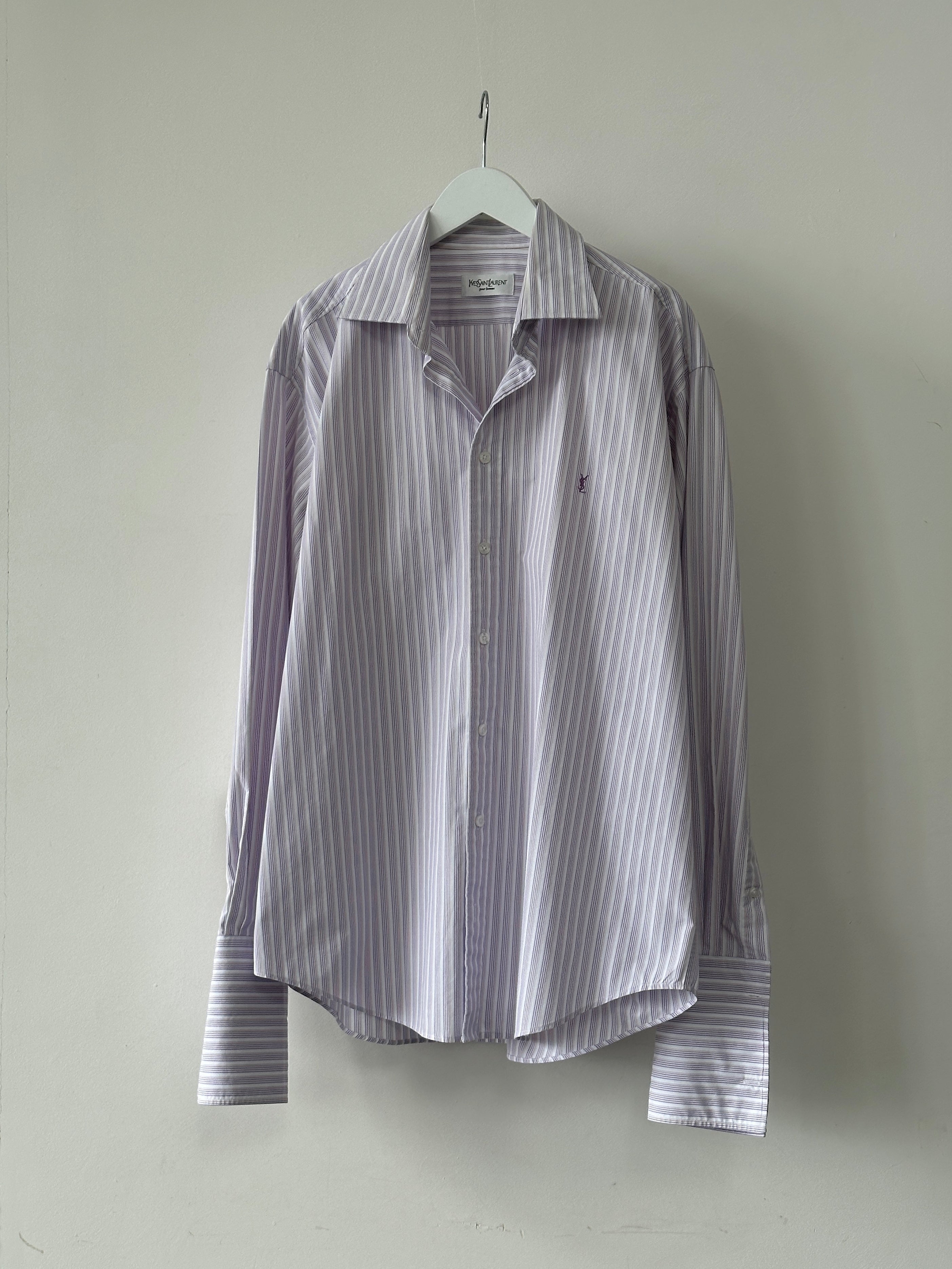 Yves Saint Laurent Pour Homme stripe cotton logo dress shirt in size L/XL, featuring a classic collar and button-down front.