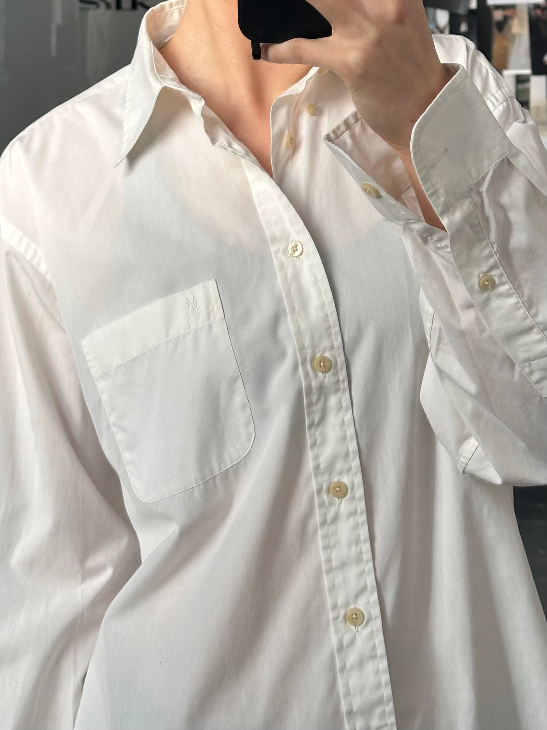 Yves Saint Laurent Pour Homme 1990s cotton logo shirt in size M, featuring classic design and brand logo on front.