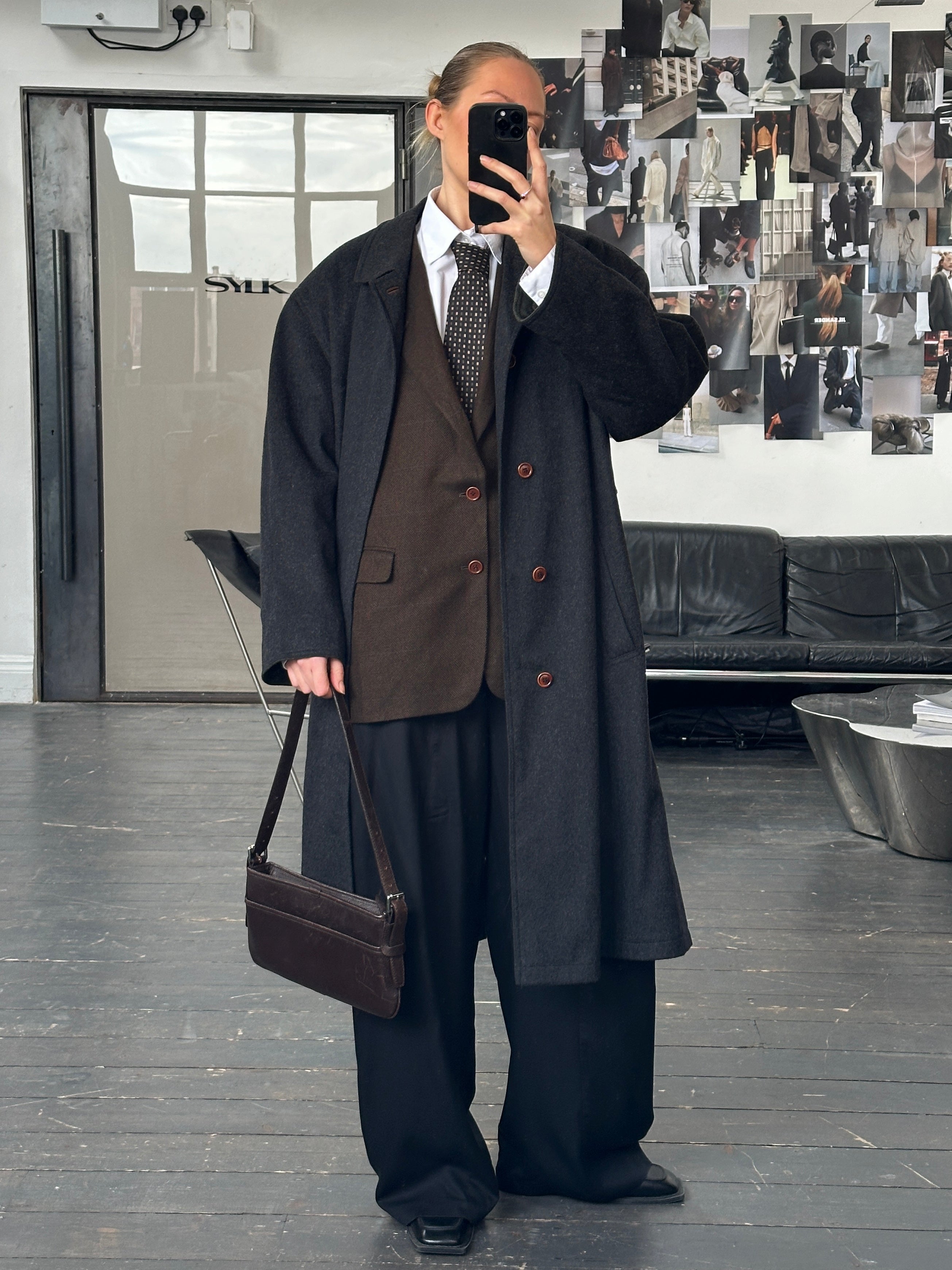 Vintage 1990s wool and cashmere coat with concealed placket, in size XL, featuring classic design and textured fabric.