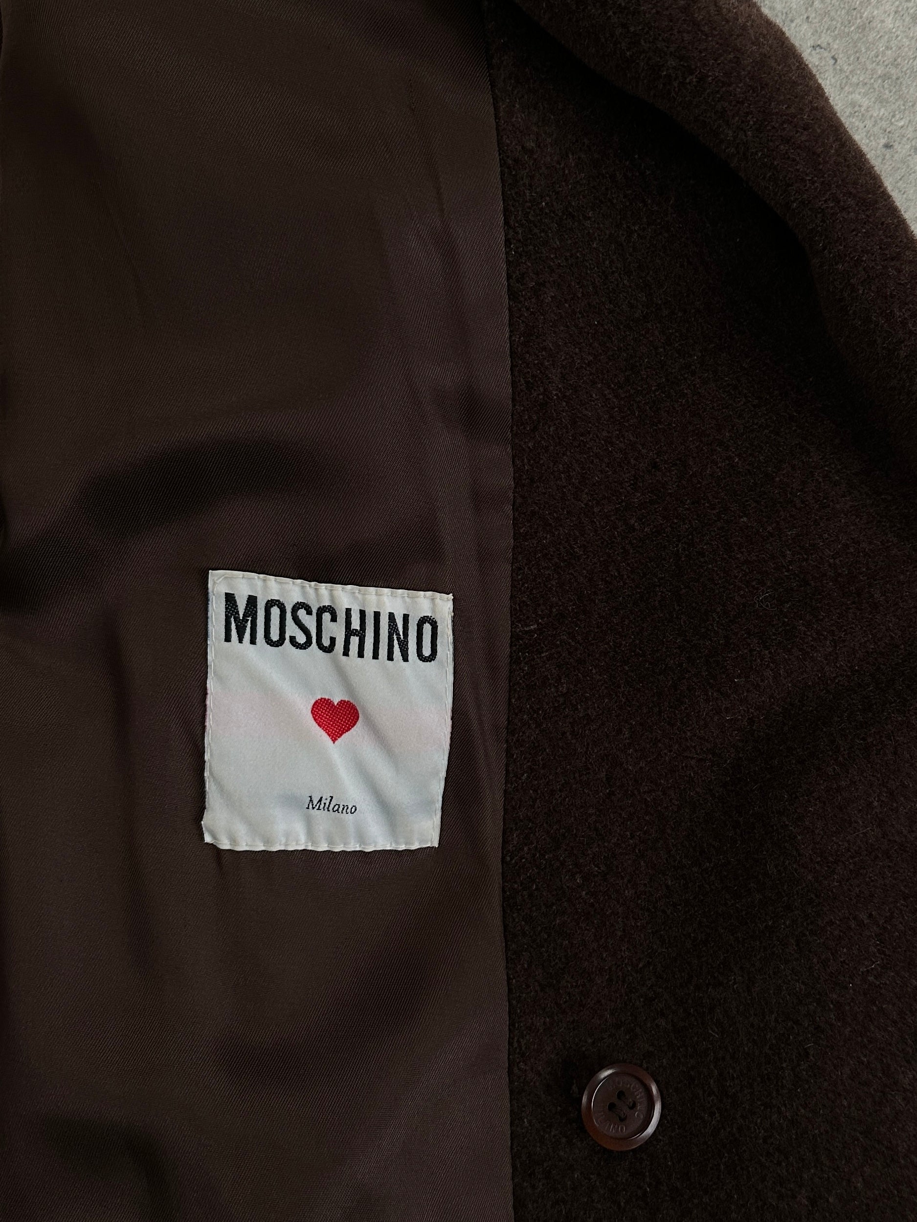 Moschino 1980s wool cashmere double-breasted coat in XL, beige color, featuring classic lapels and tailored design.