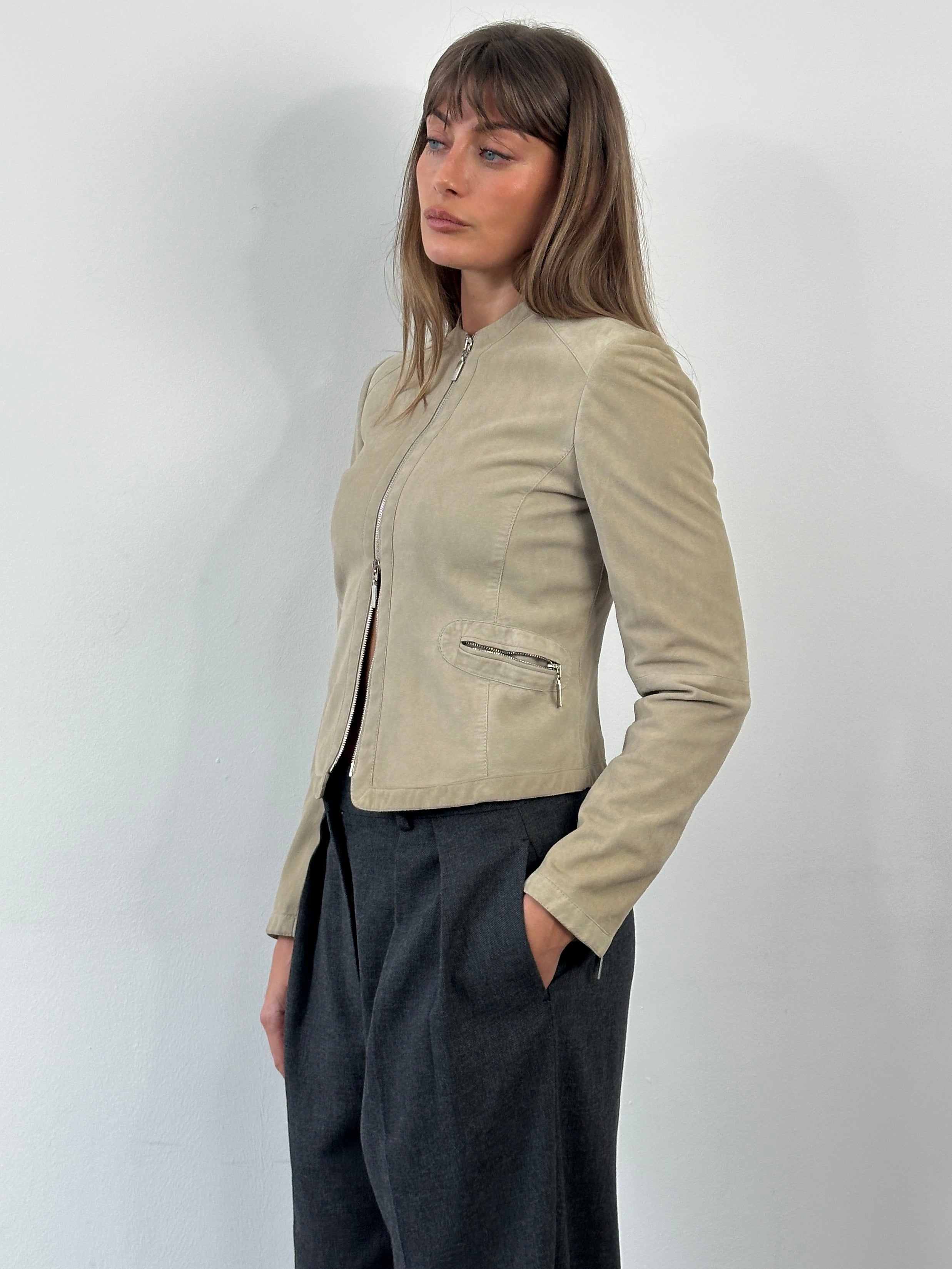 Armani Collezioni 2000s double zip suede leather jacket in XS/S, featuring stylish design and classic brown color.