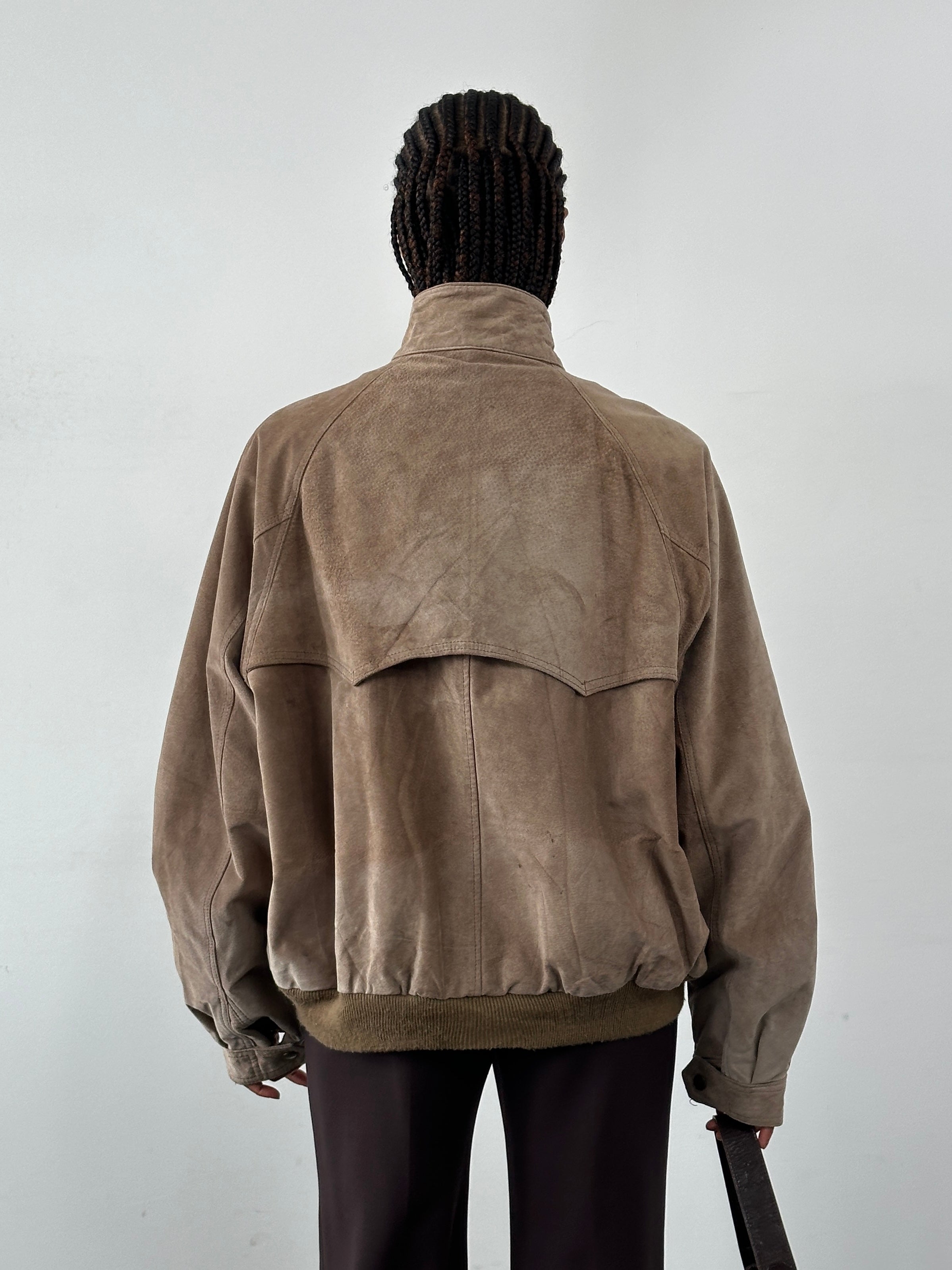 Vintage 1990s high neck suede bomber jacket in XL style, with classic design and rich brown color.