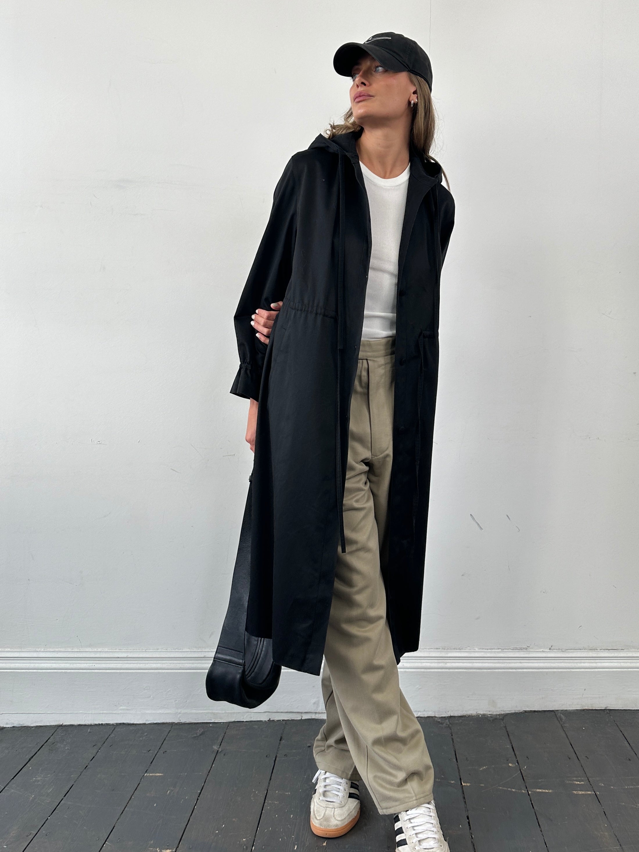 Vintage cotton tie waist hooded trench coat in beige, front view showing classic design and adjustable waist tie, size small.