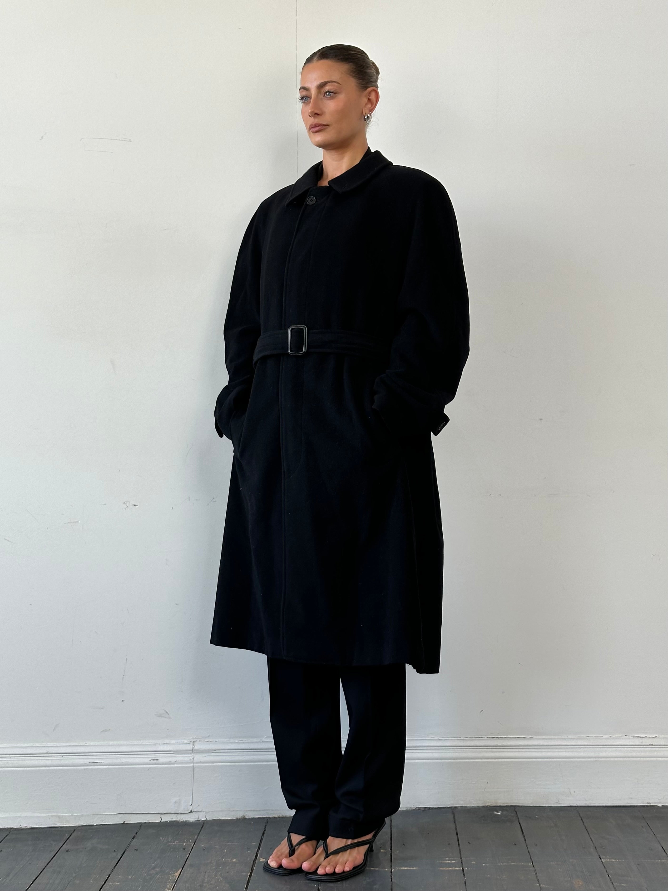 Giorgio Armani Le Collezioni XXL belted wool coat in gray, featuring a classic collar and front button closure.