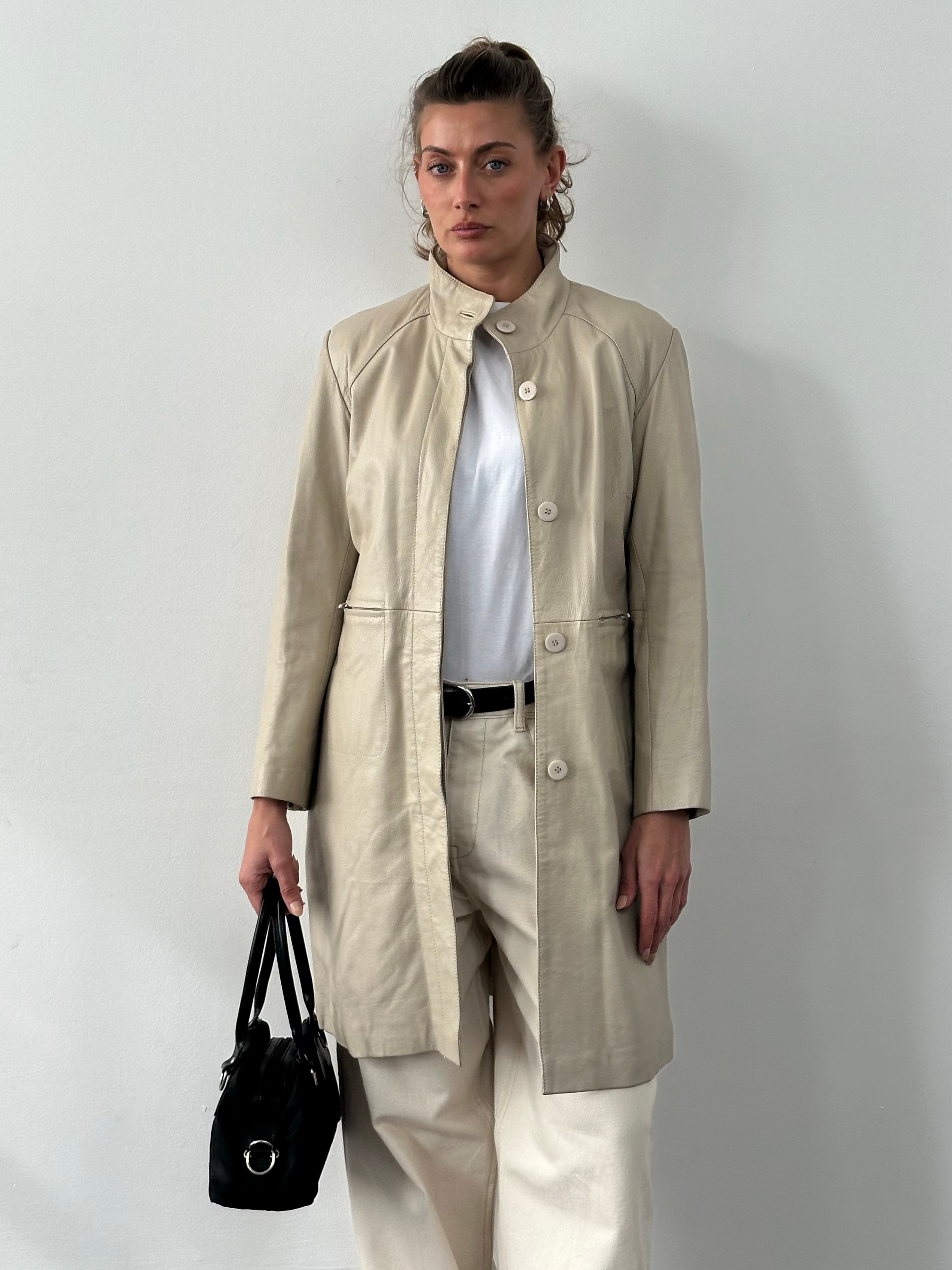 Vintage 2000s High Neck Leather Trench Coat - S
