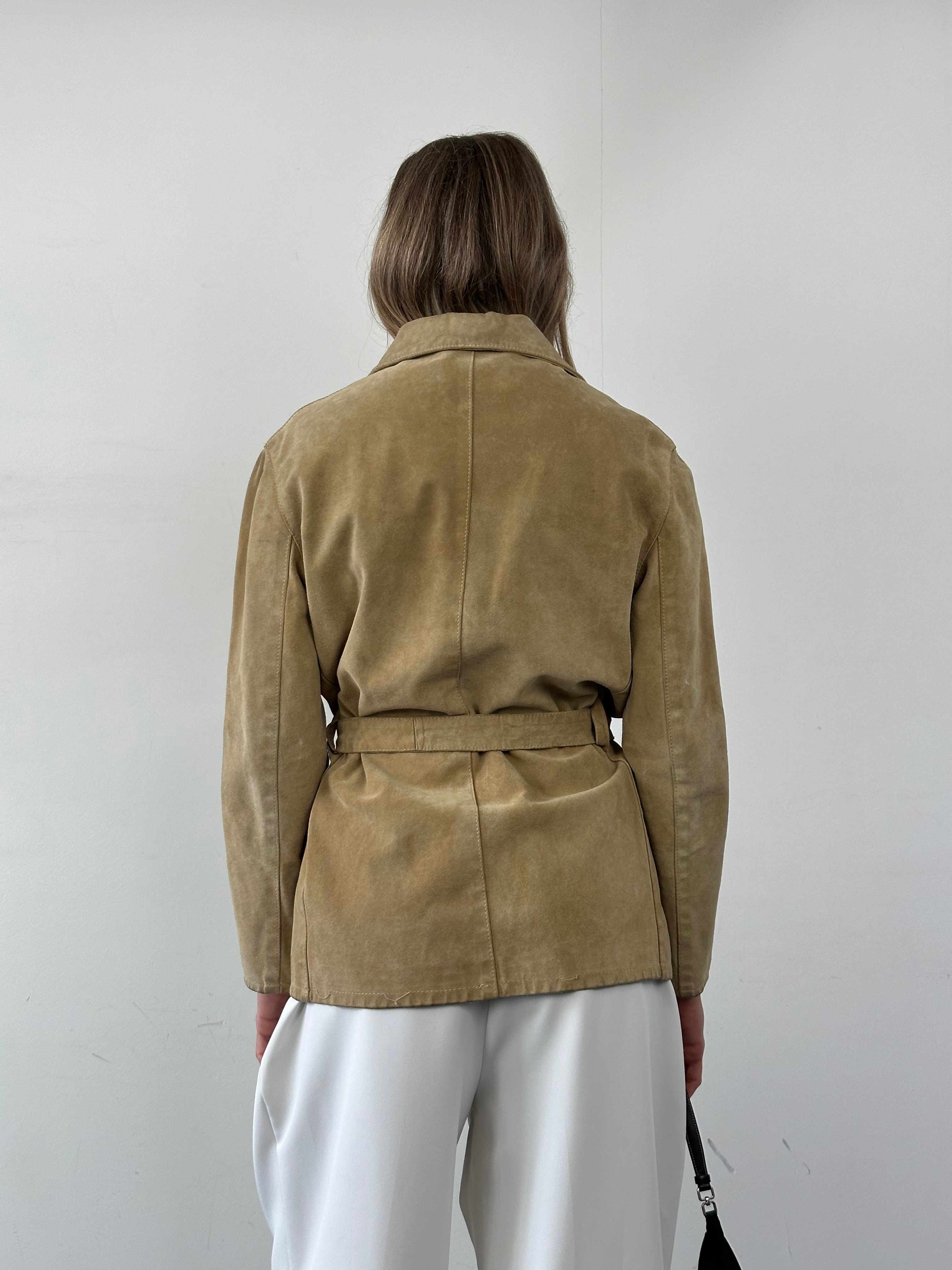 Vintage Italian suede belted jacket with front pockets and classic design, size small/medium, stylish and timeless outerwear piece.