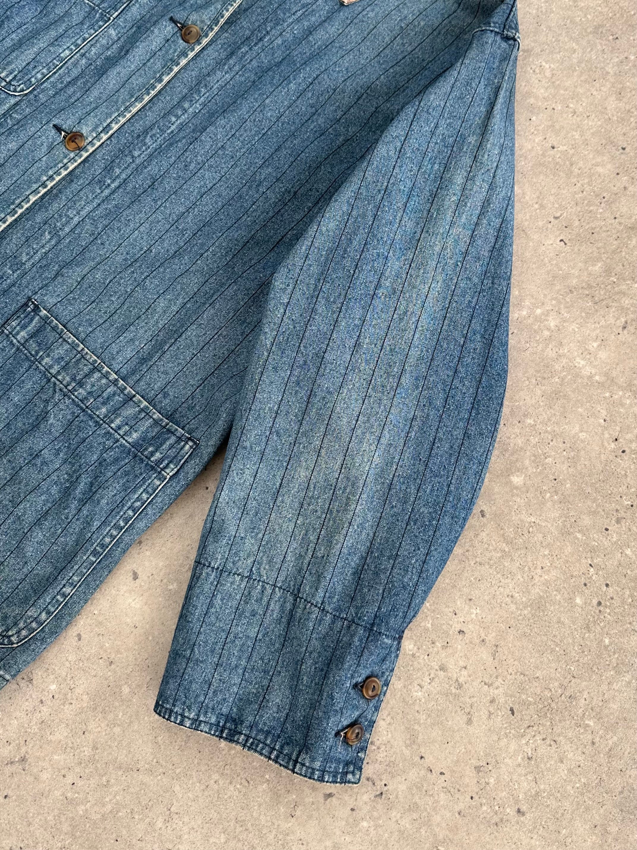 Valentino denim workwear jacket in XL with pinstripe design, featuring a classic collar and button closure.