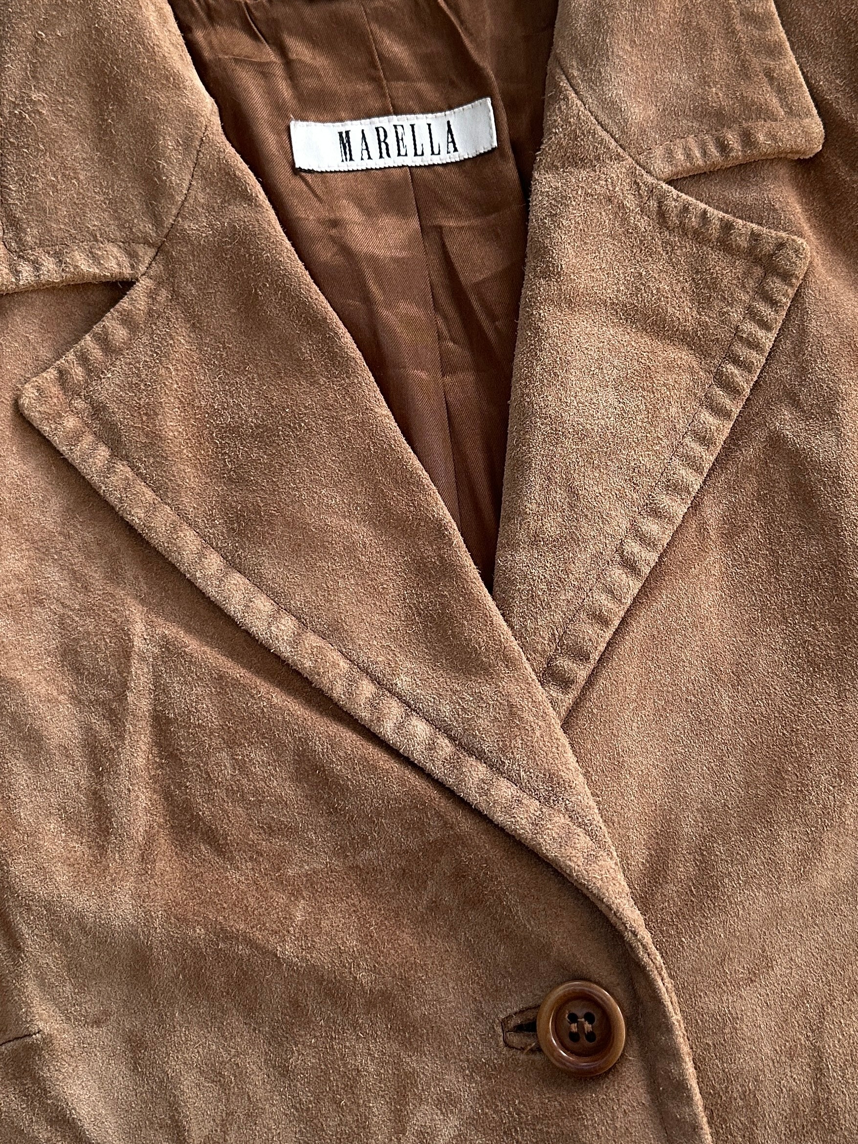 Marella suede belted jacket in size M, featuring a tailored fit, classic collar, and front belt detail, shown on a hanger.