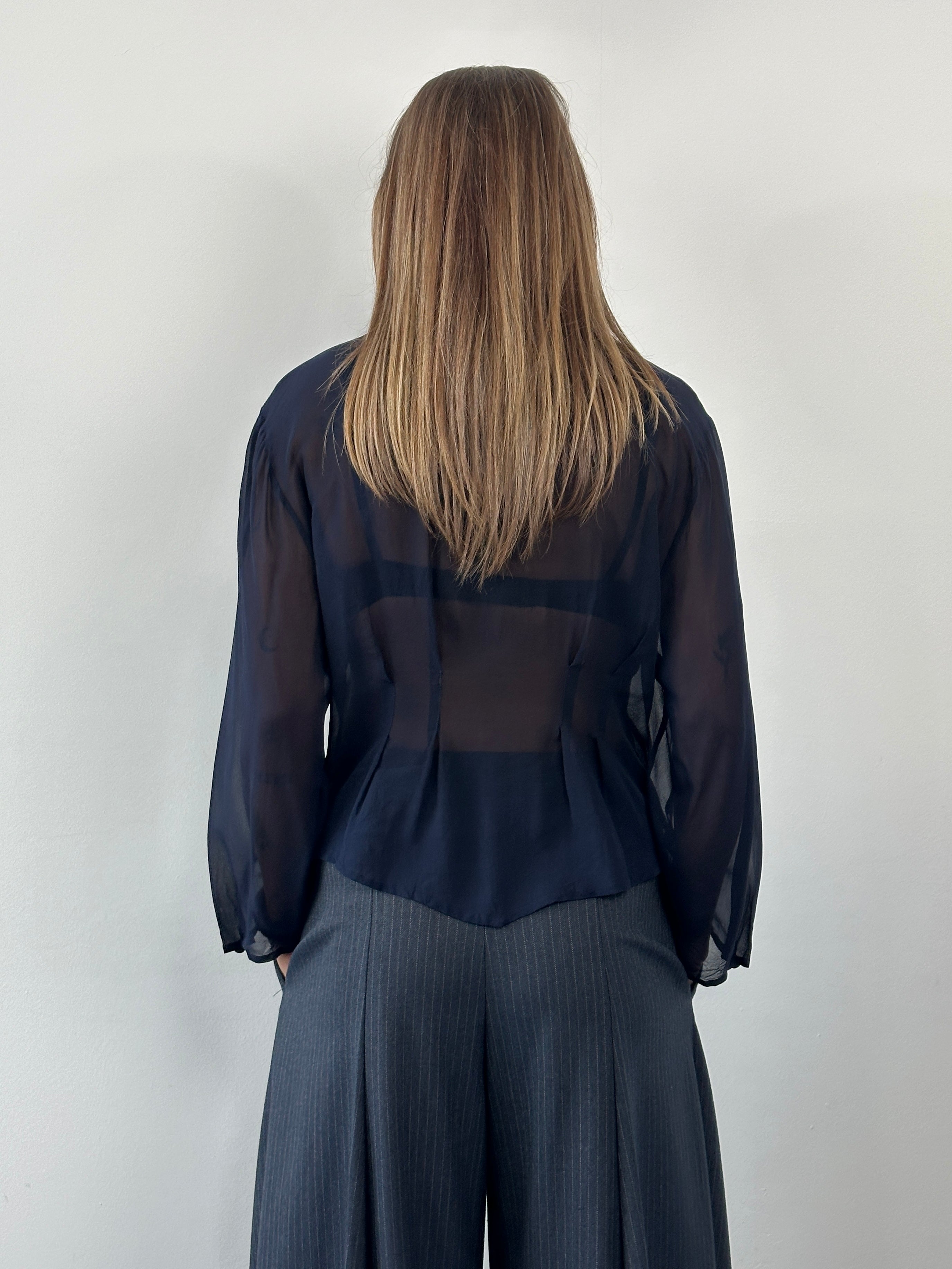 Vintage 1990s pure silk sheer shirt in size M, featuring lightweight, translucent fabric and classic design from the Vintage brand.