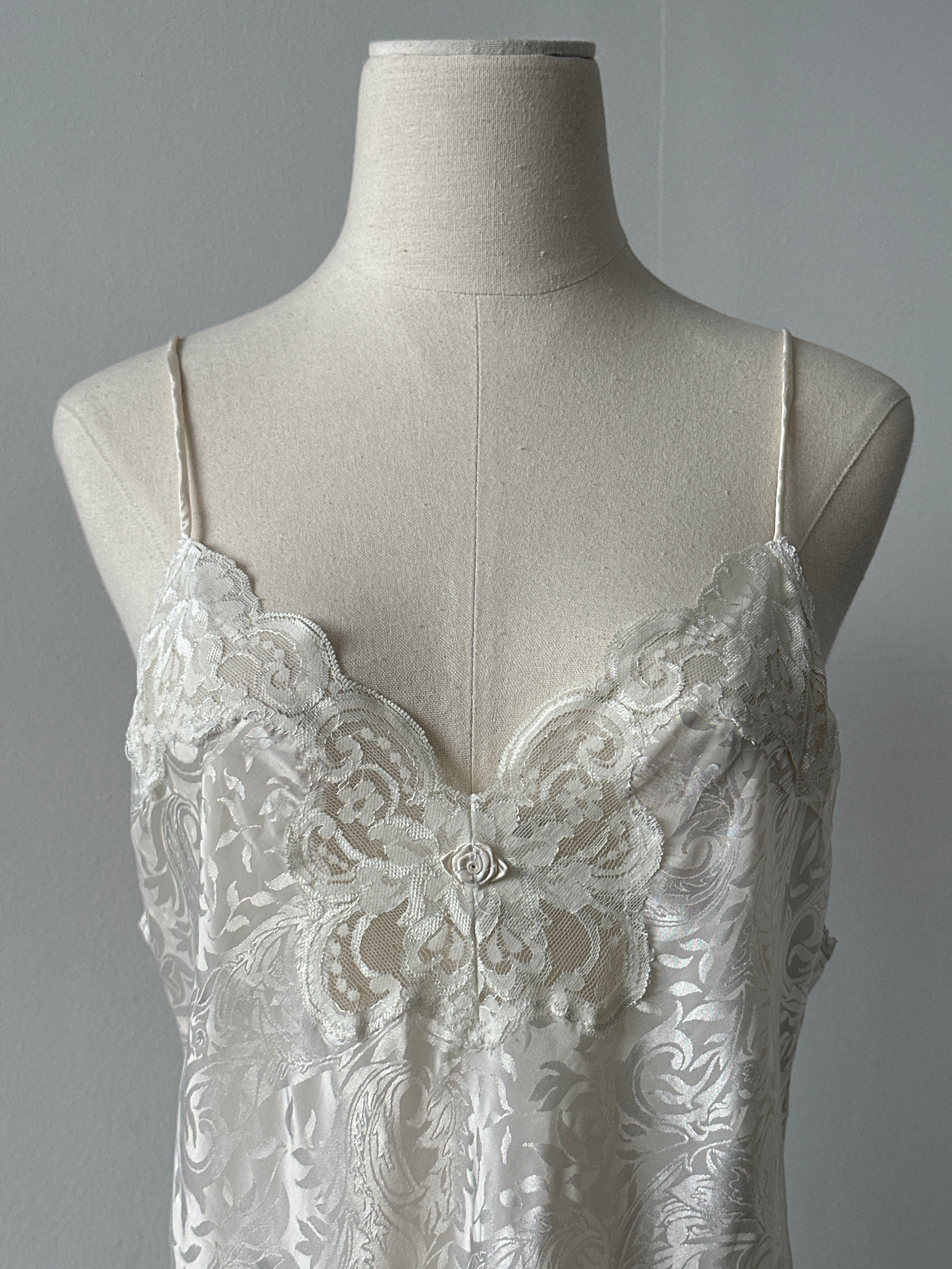 USA Vintage 1990s Satin Print Lace Midi Slip Dress - S-M