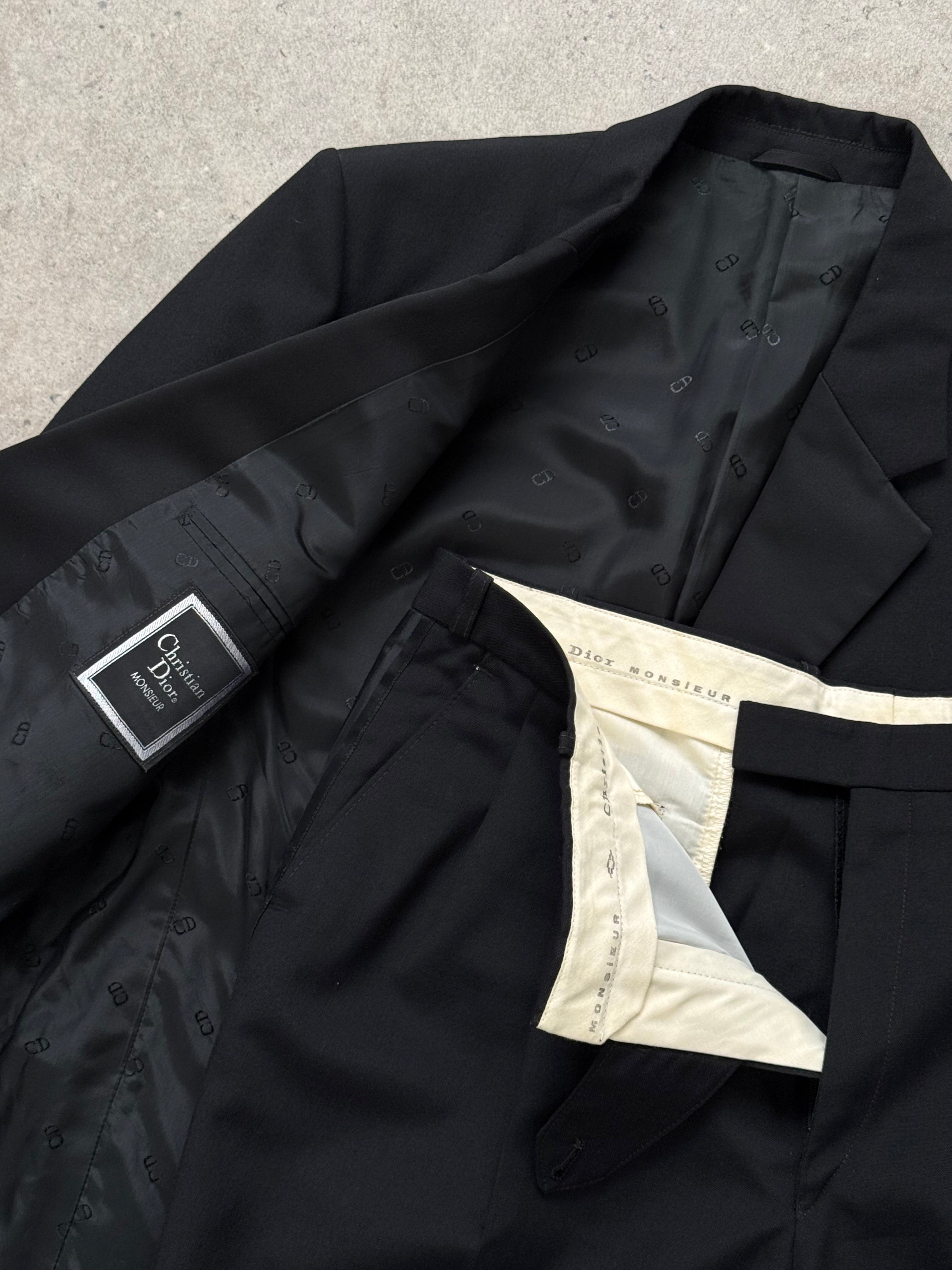 Christian Dior 1990s wool single-breasted tuxedo suit in size 42S/W32, featuring tailored lapels and classic fit.