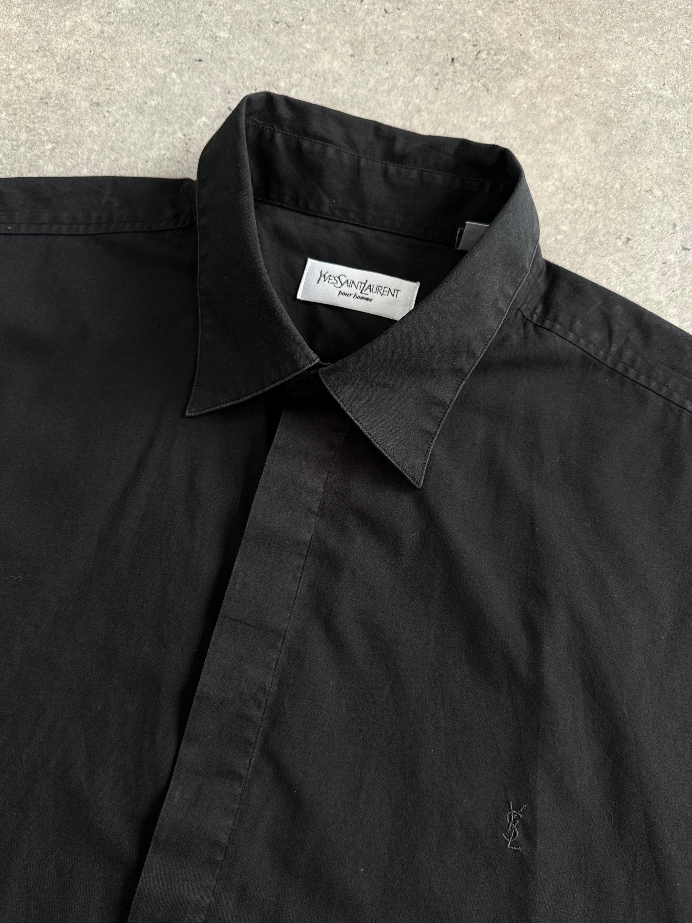 Yves Saint Laurent Pour Homme cotton short sleeve logo shirt in XL, white with YSL branding on chest, casual men's fashion shirt