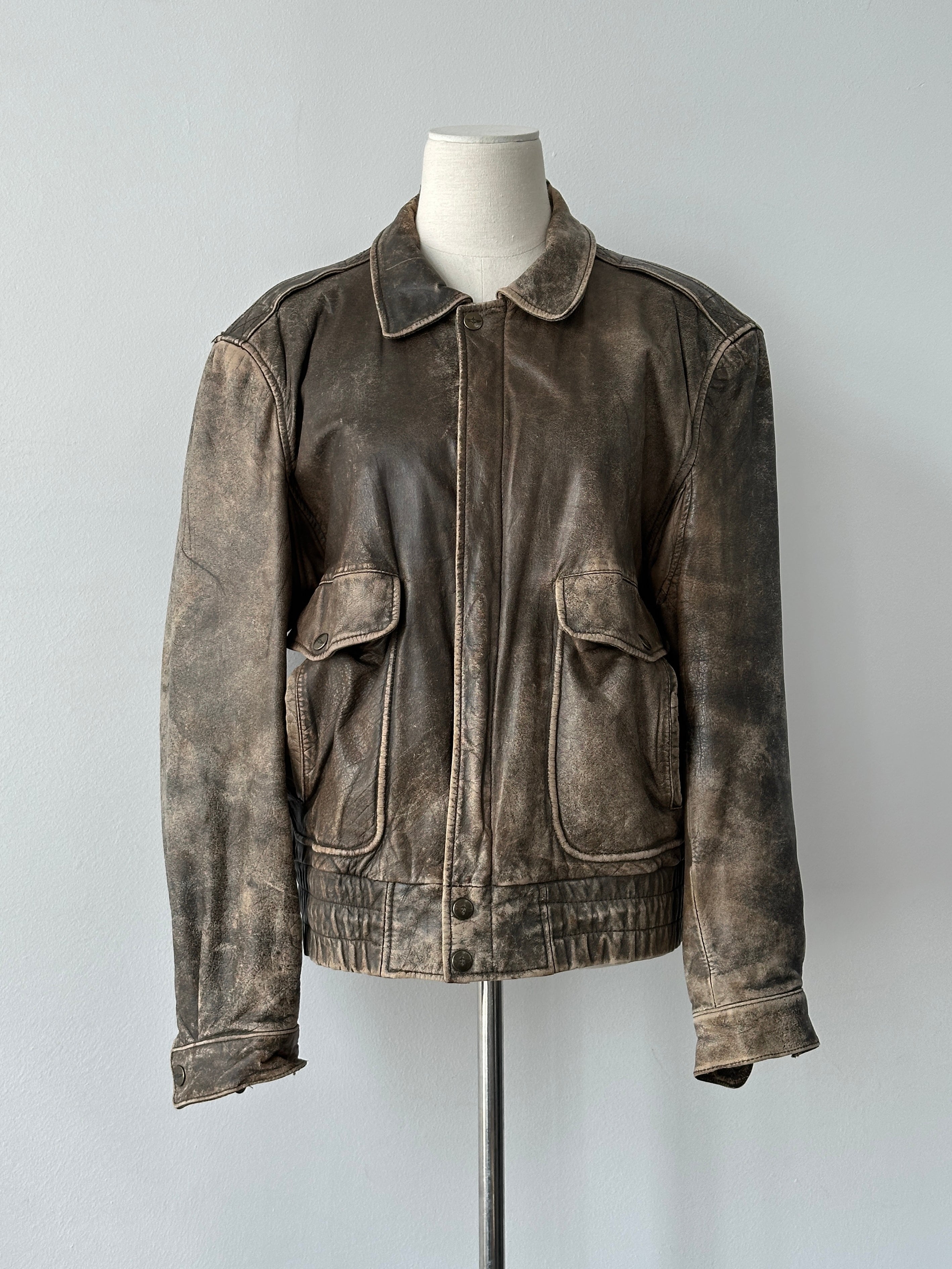 Vintage 1990s Distressed Leather Bomber Jacket - M-L