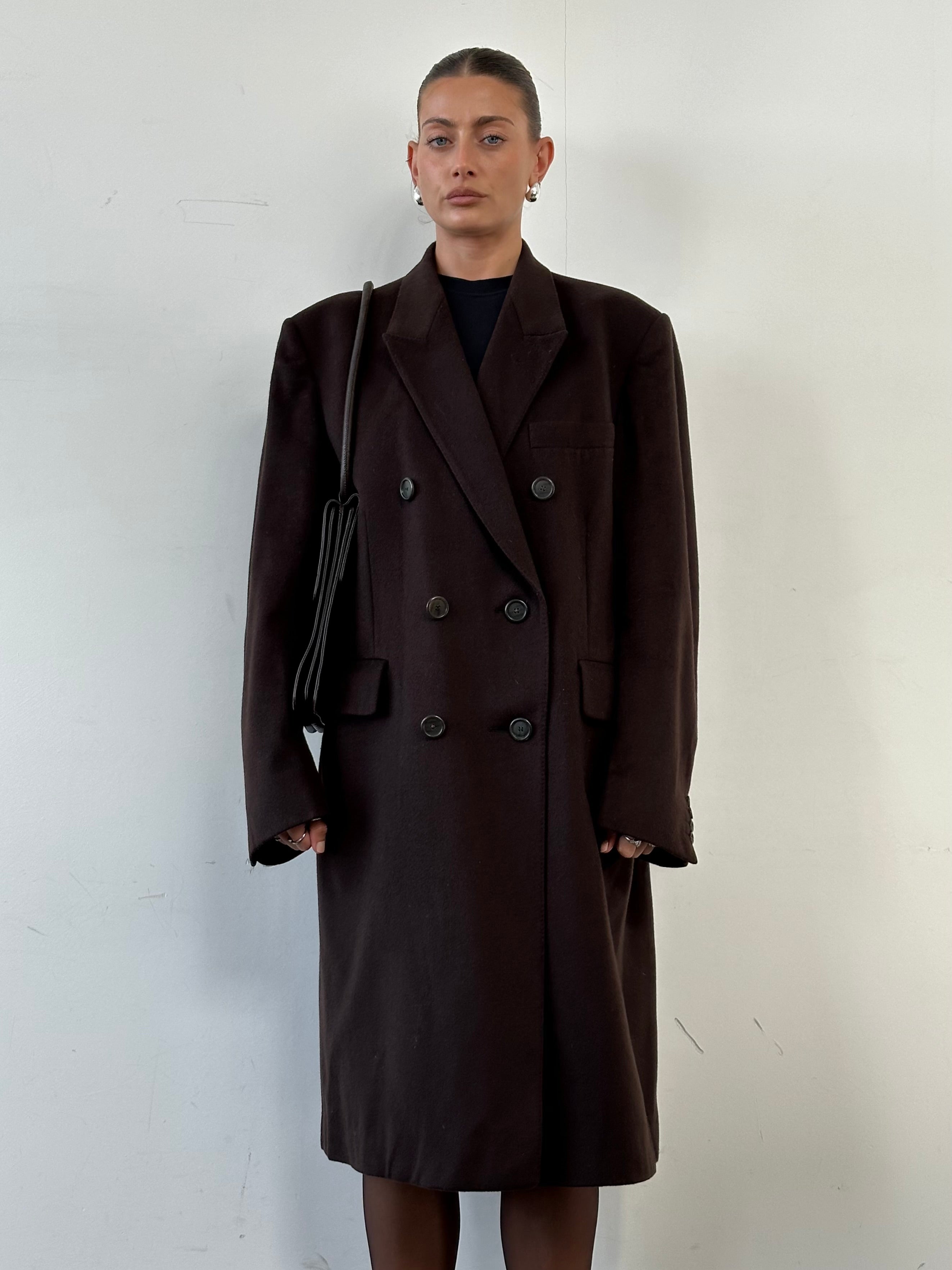 Christian Dior wool cashmere double-breasted coat in XL, showcasing classic tailored design and luxurious fabric.