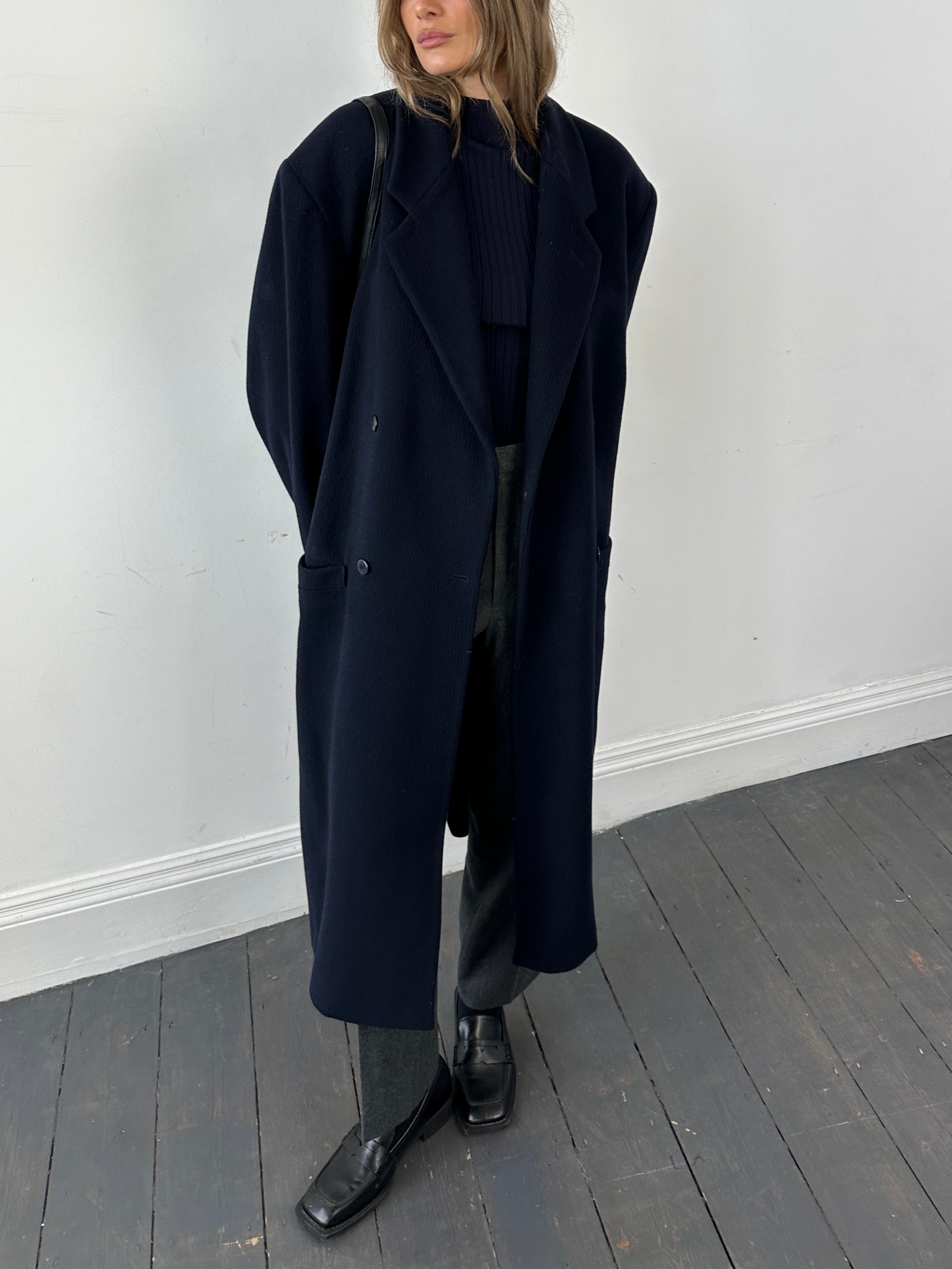 Versace wool and cashmere double-breasted coat in size XL, featuring a classic tailored design and luxury brand details.