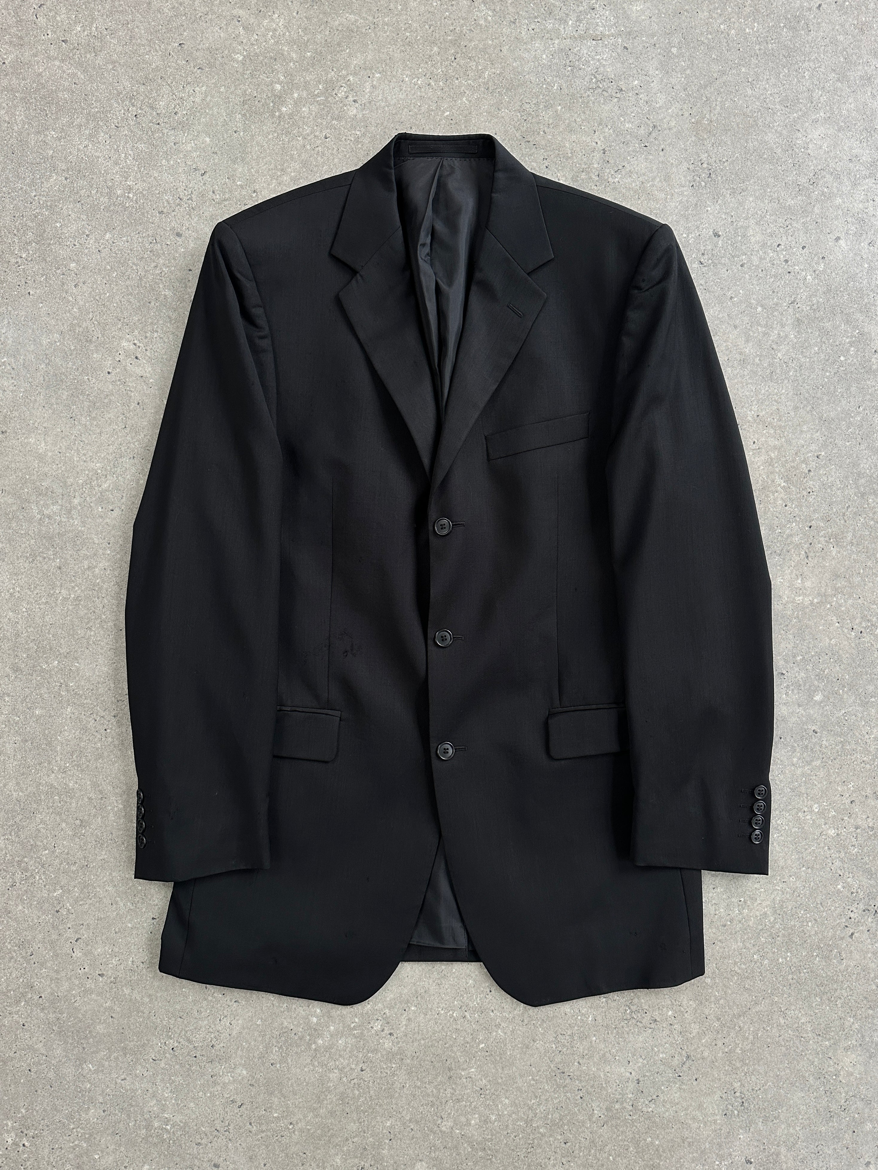 Yves Saint Laurent Pour Homme 1990s pure wool single-breasted blazer in size 40L/XL, navy blue with notch lapel and front buttons