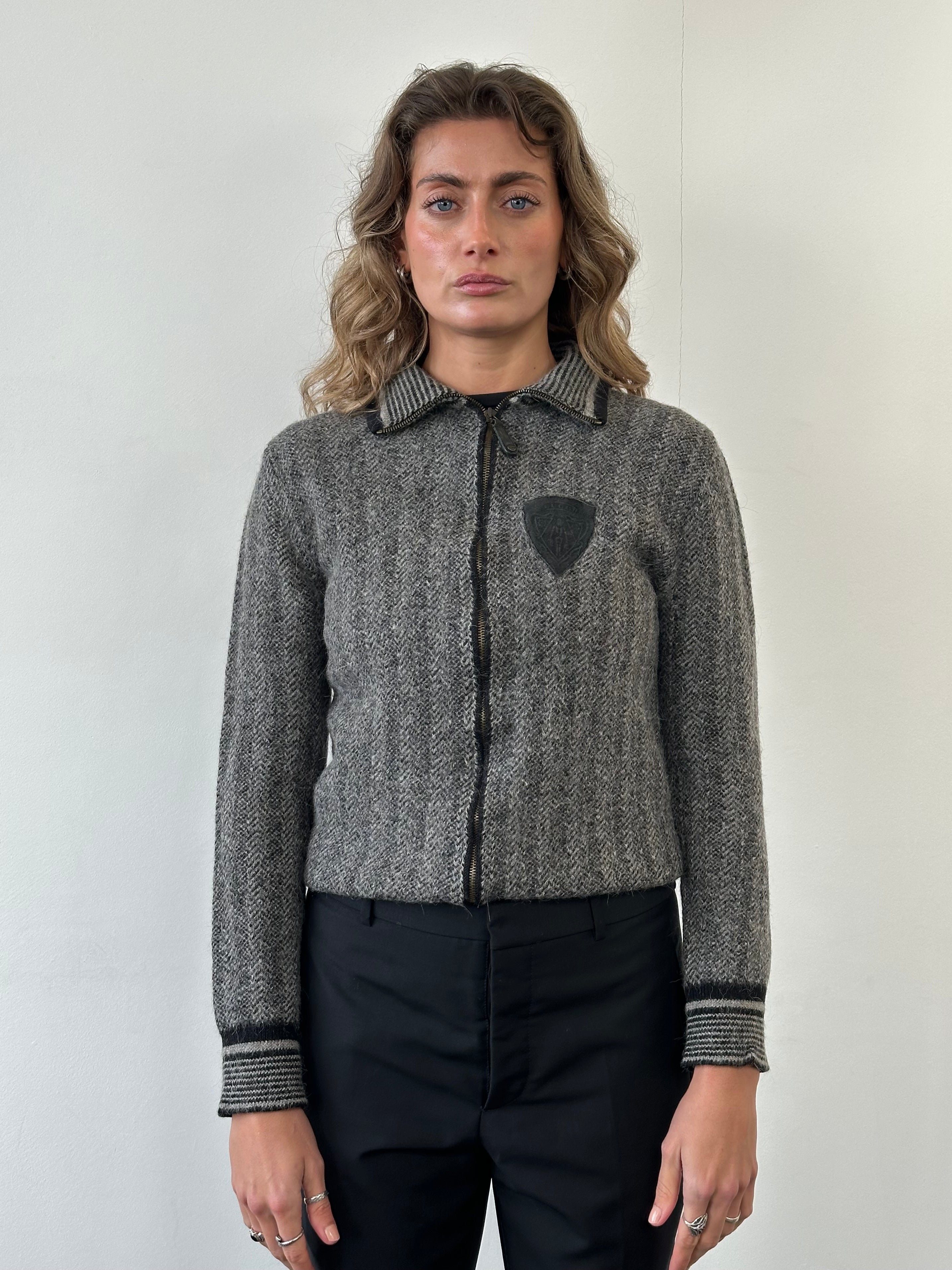 Gucci wool mohair logo patch cardigan in size S, featuring a cozy knit with a distinctive Gucci logo patch on the front.