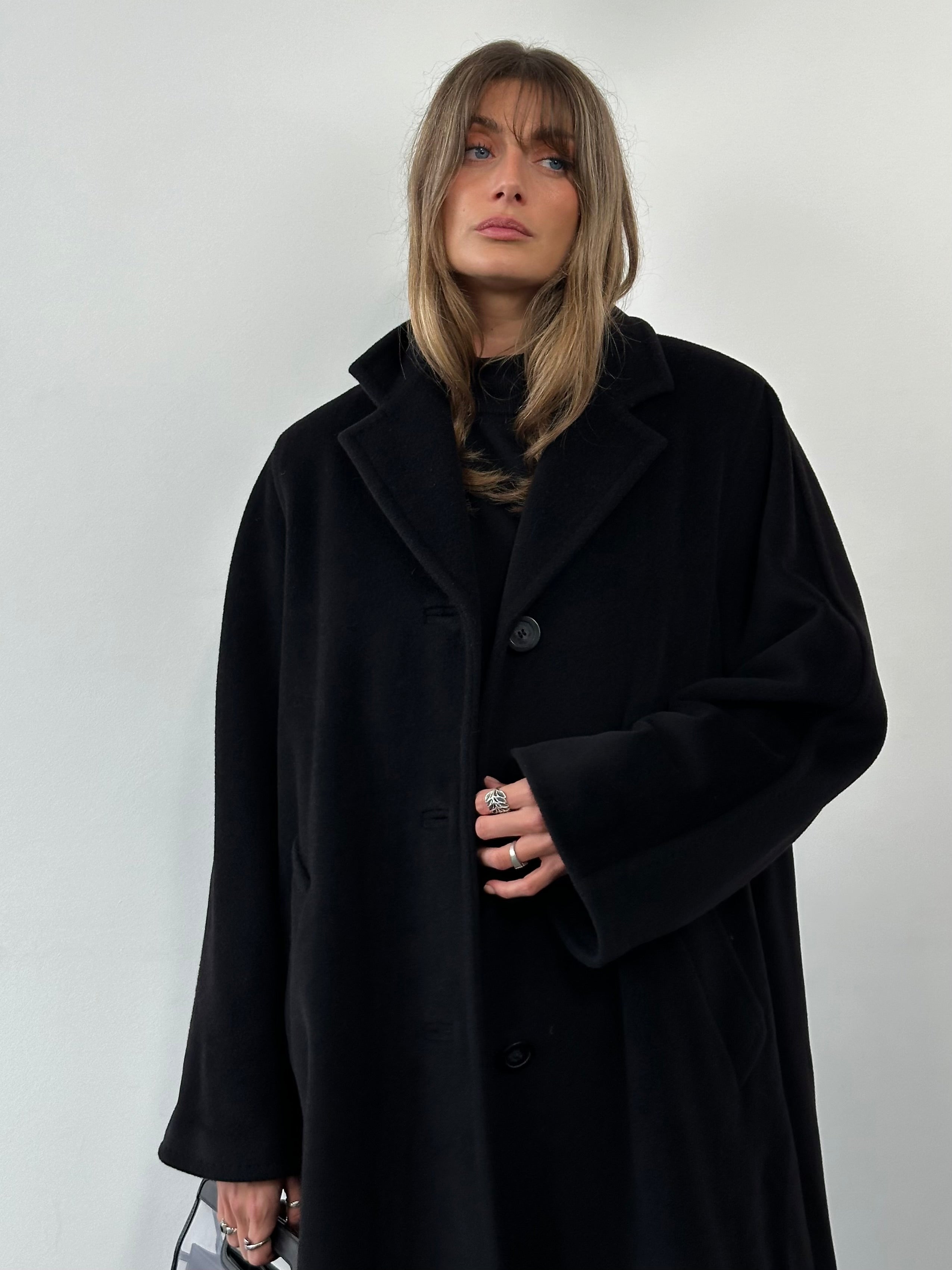 Max Mara wool cashmere A-line coat in XL/XXL, beige color, front view showing classic collar and elegant silhouette.