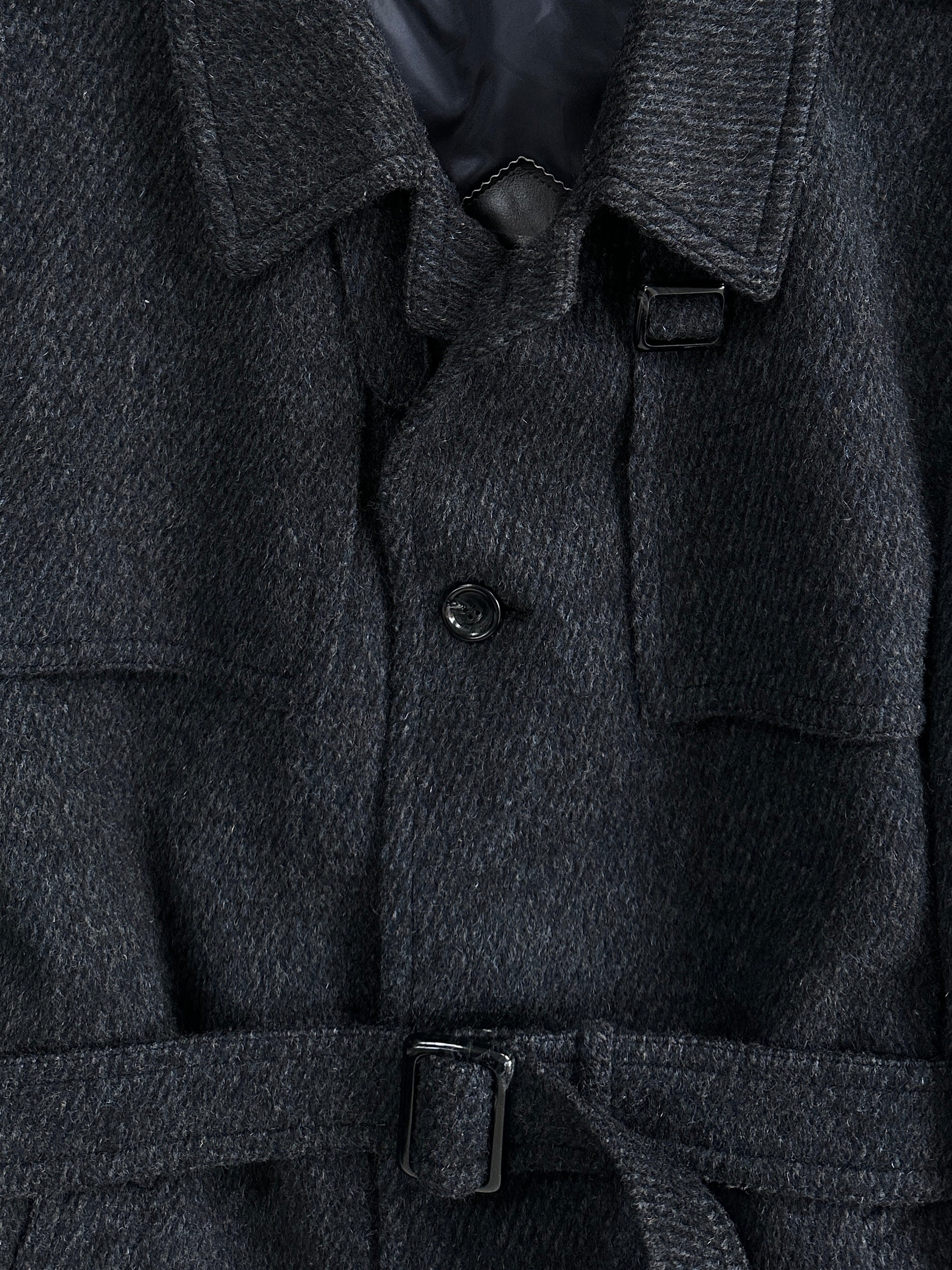 Vintage 1990s pure brushed wool high neck belted coat in XL, featuring a classic design and cozy texture.