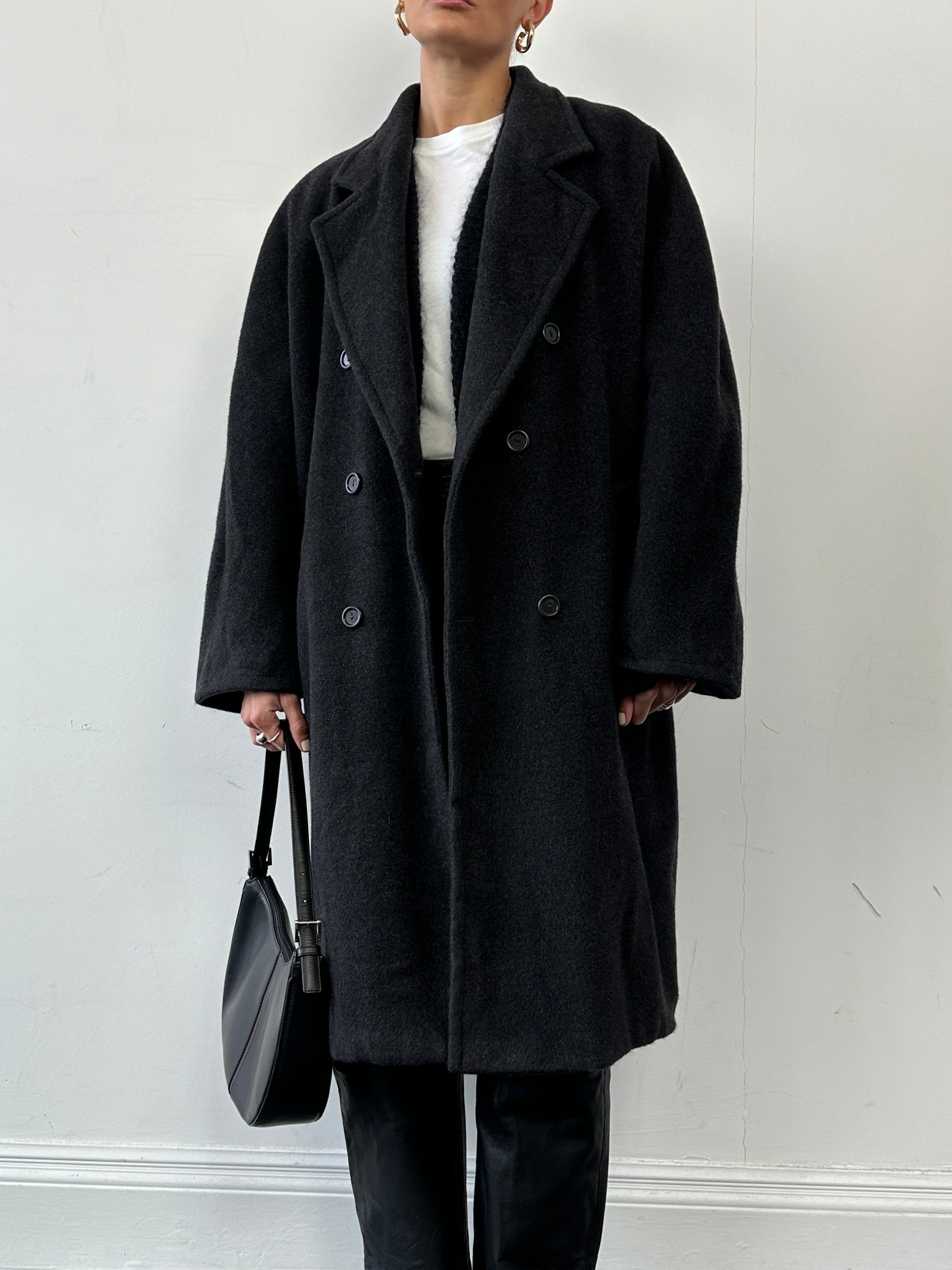 Marella wool cashmere double-breasted coat in XL, stylish long coat with classic lapels and button closure, beige color.