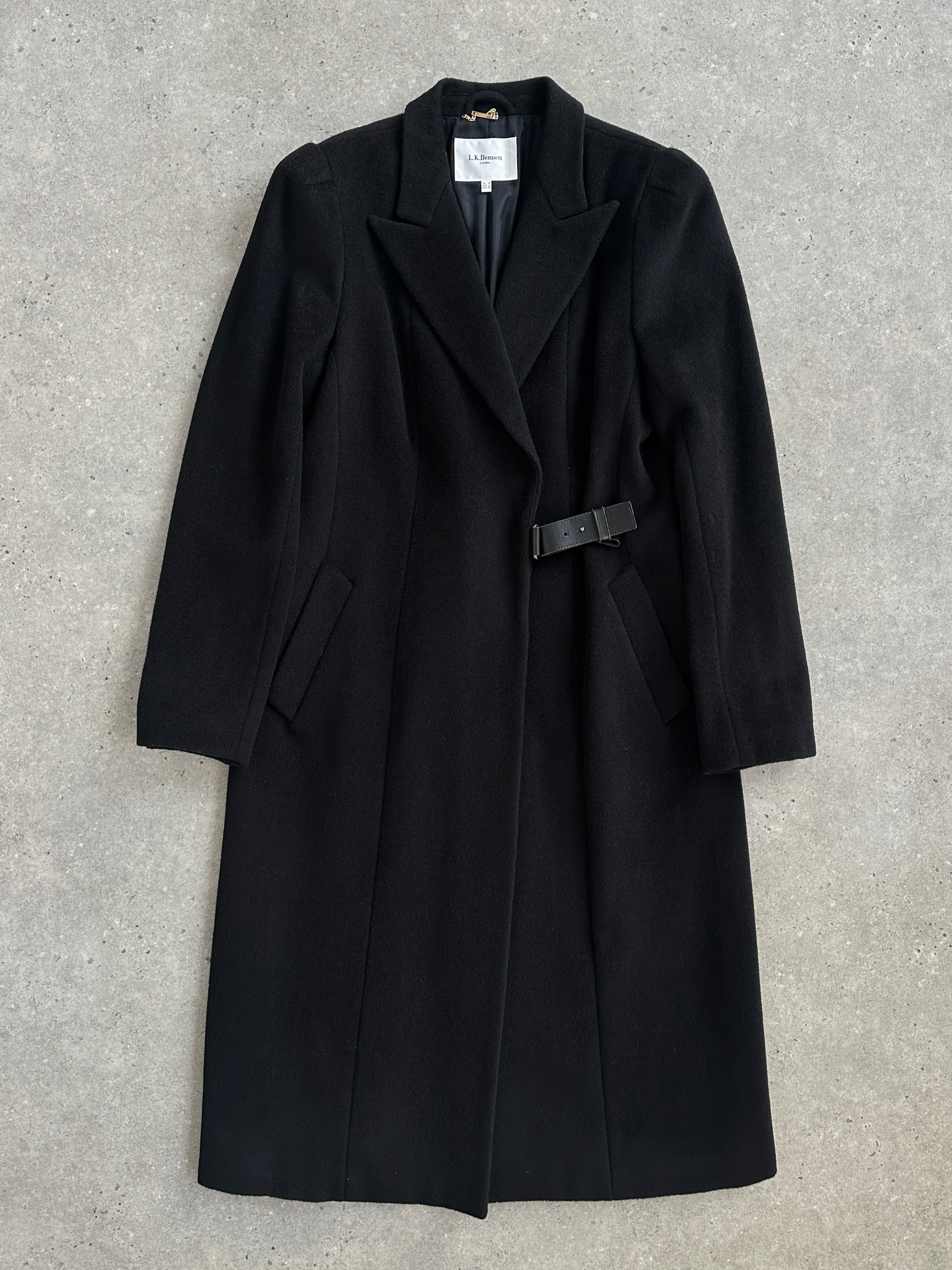 L.K. Bennett pure wool minimal wrap coat in size M, shown in a neutral color, featuring a sleek, tailored design.