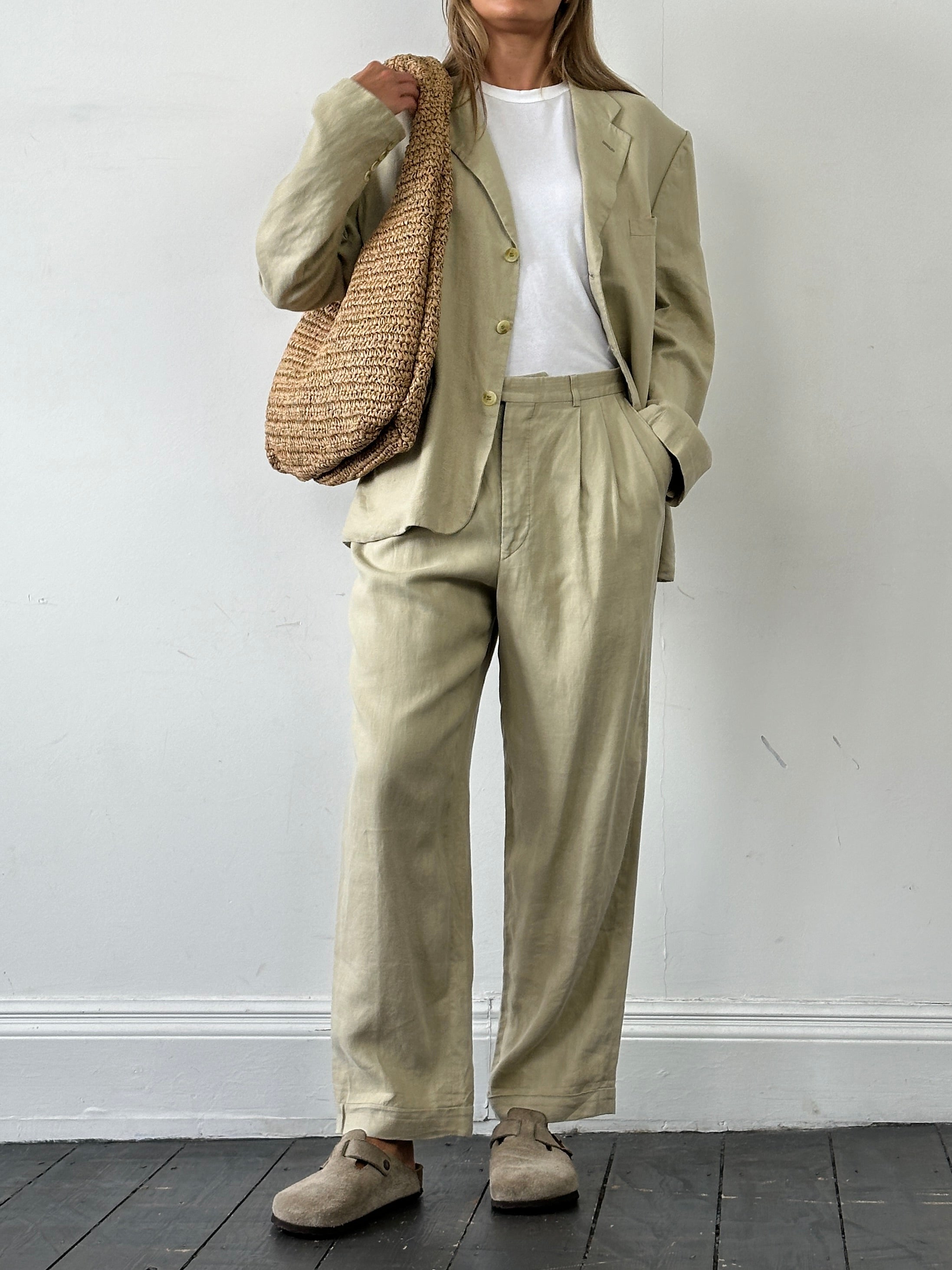 Christian Dior Monsieur pure linen single-breasted suit jumpsuit, size 42S/W32, featuring tailored design and neutral fabric.