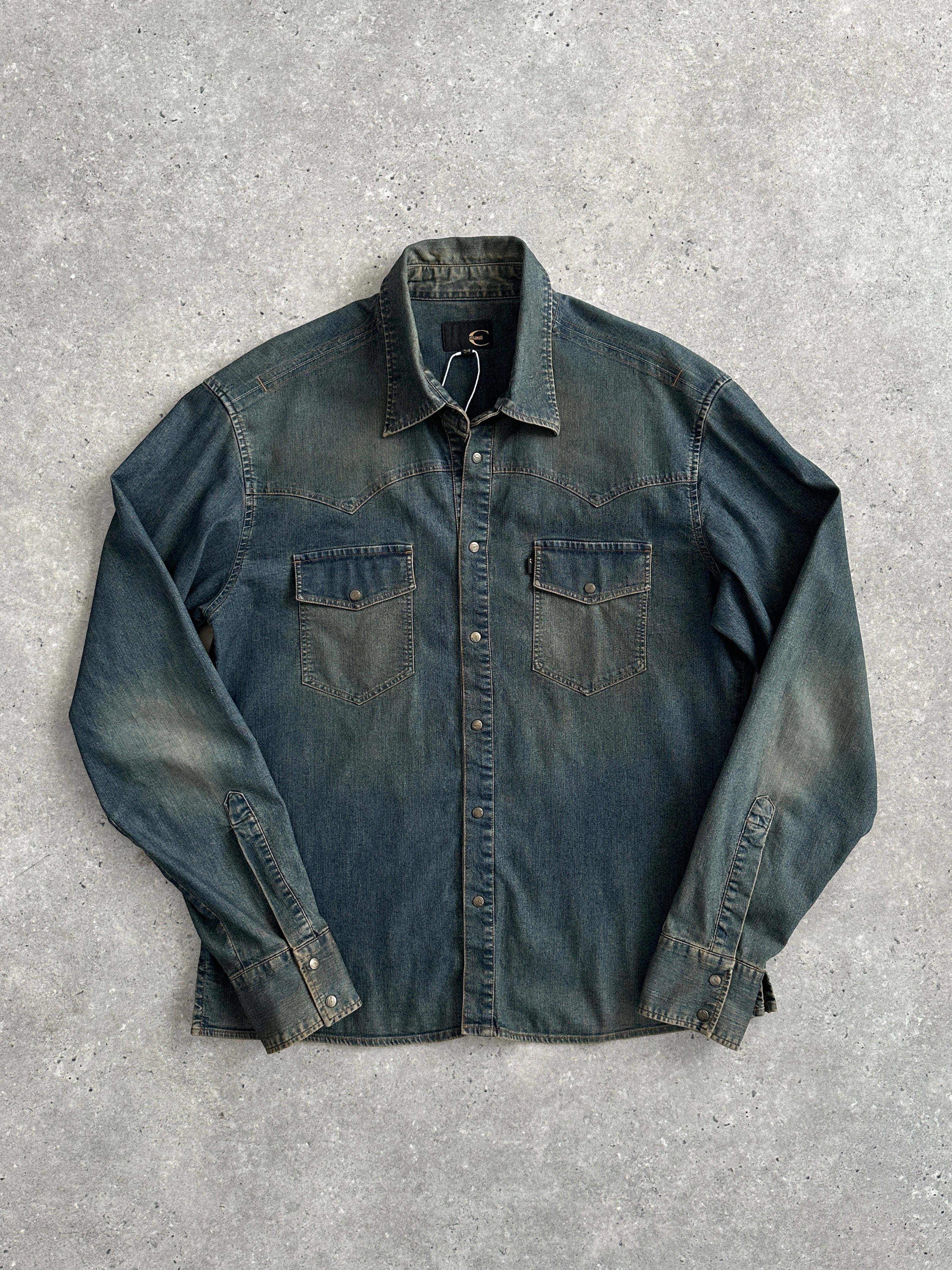 Roberto Cavalli Just Cavalli faded denim shirt in size L, featuring a casual button-up design and classic denim texture.