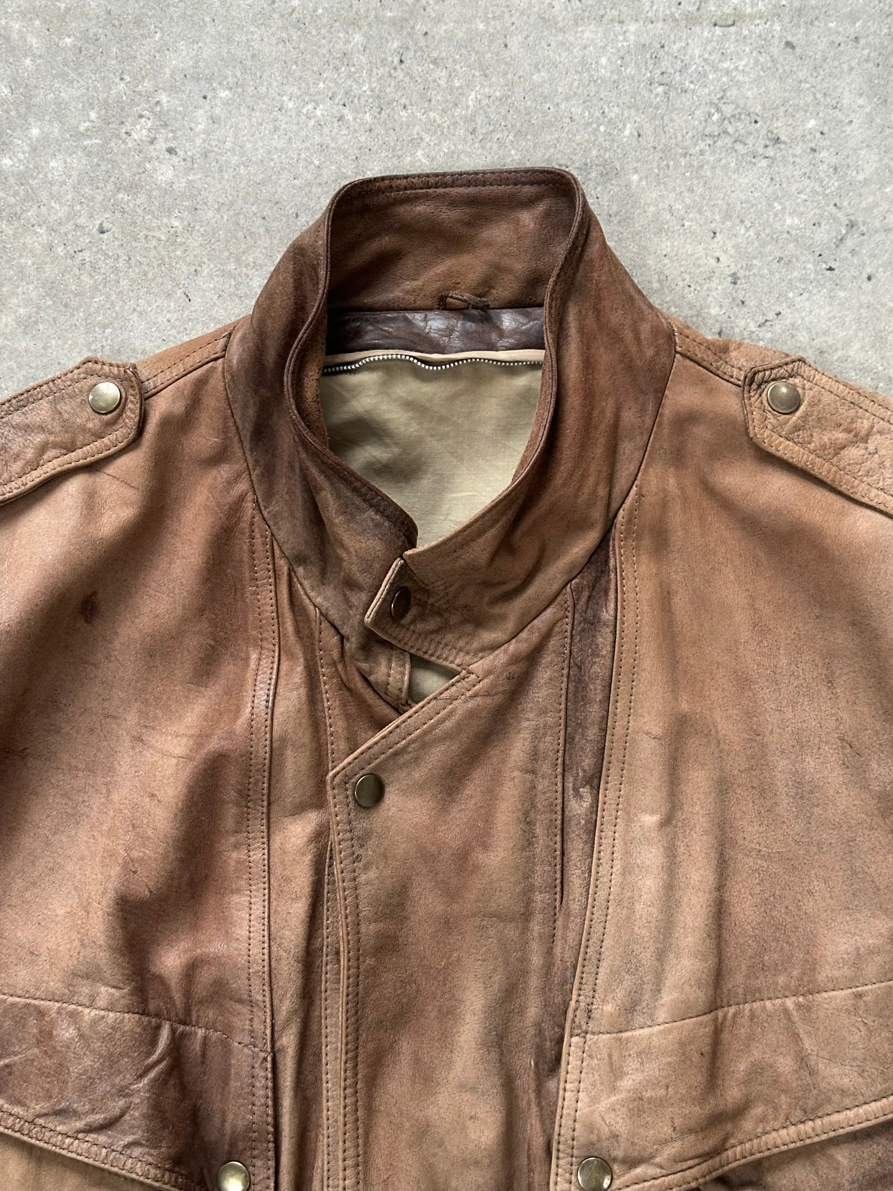 Vintage 1990s high neck leather bomber jacket, aged brown leather, front zipper, ribbed cuffs and collar, M/L size.