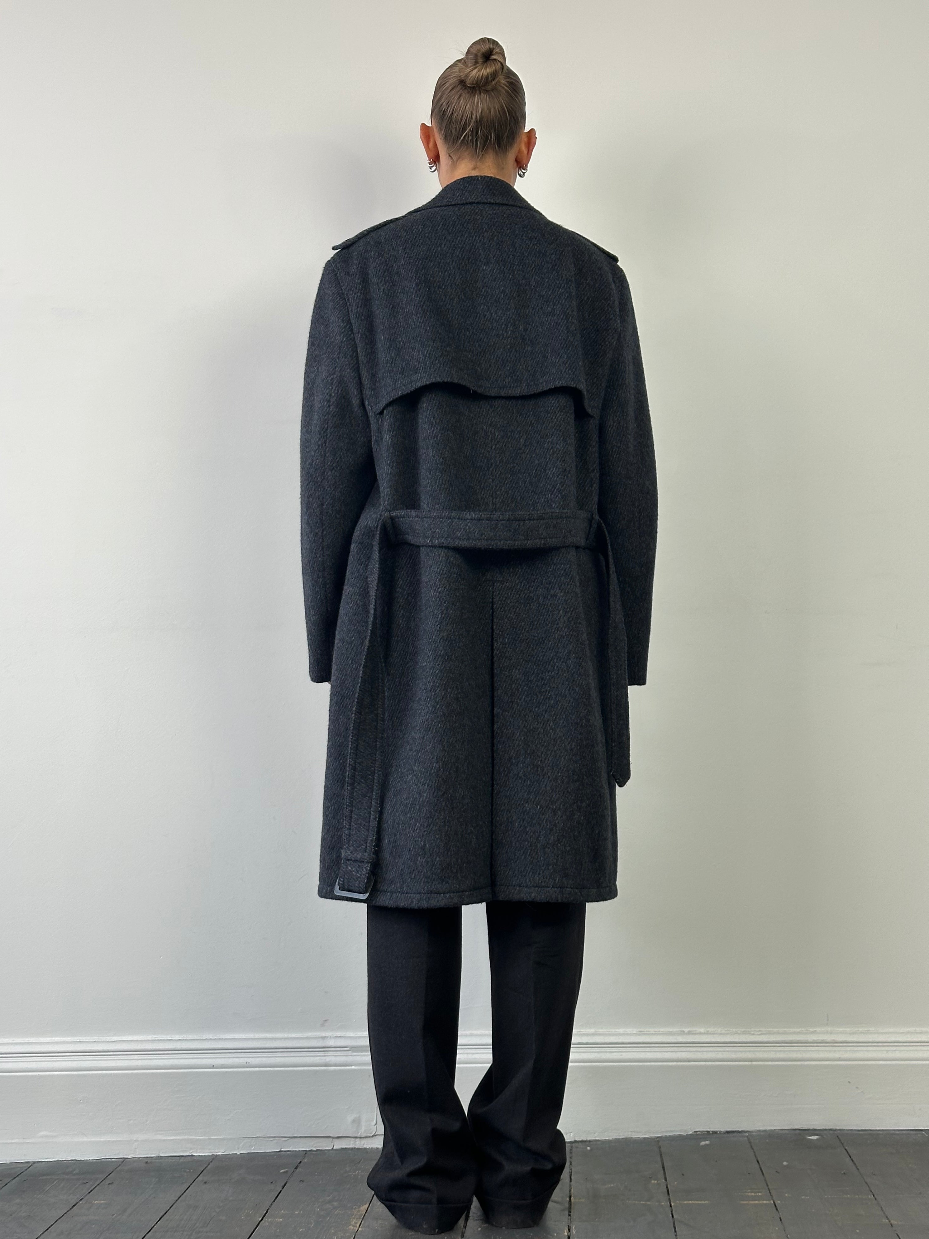 Vintage 1990s pure brushed wool high neck belted coat in XL, showcasing a classic vintage coat with a high neckline and belt detail.