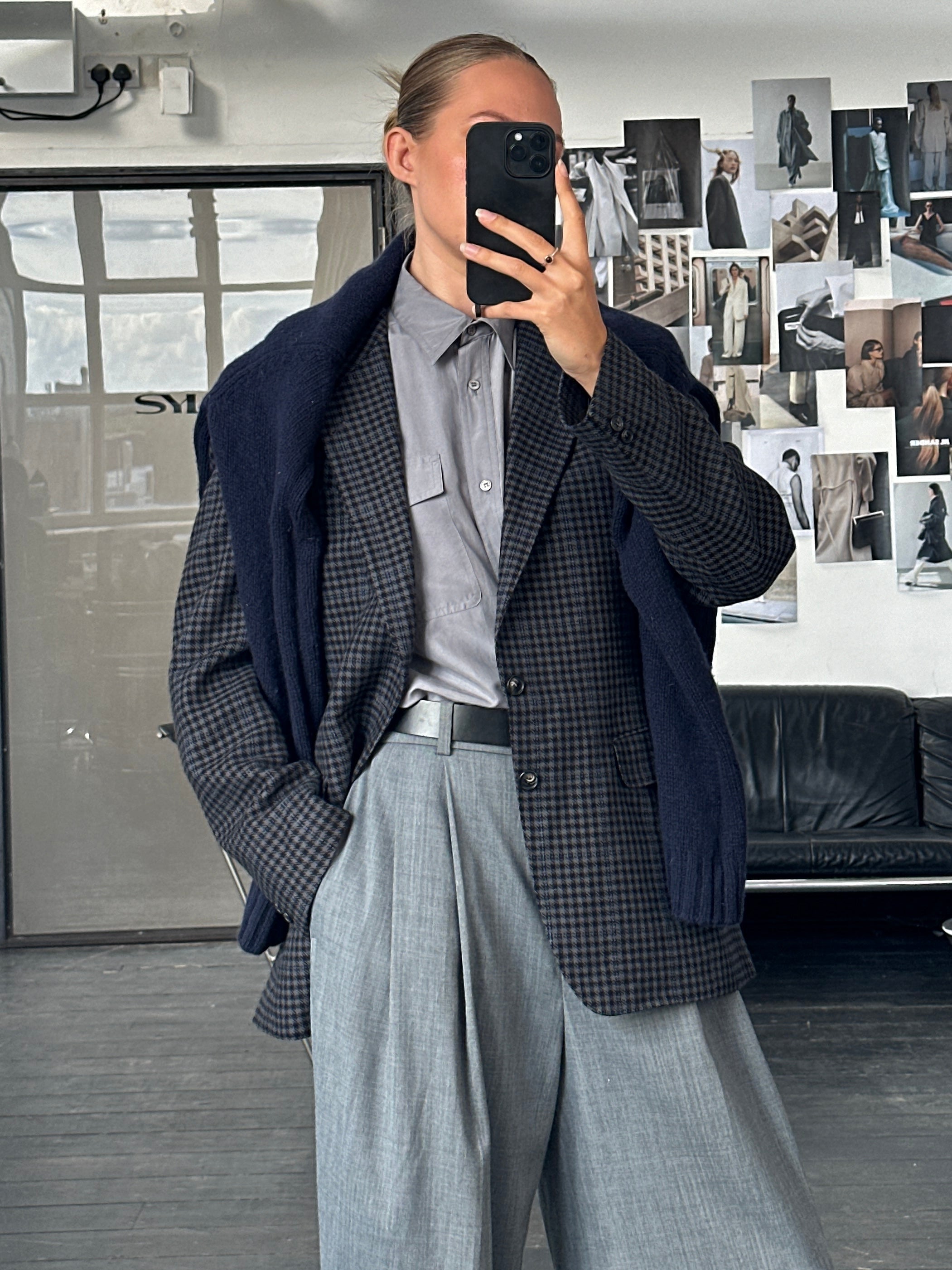 Yves Saint Laurent 1980s check brushed wool blazer in size 40R/L, featuring a classic tailored design with a check pattern.