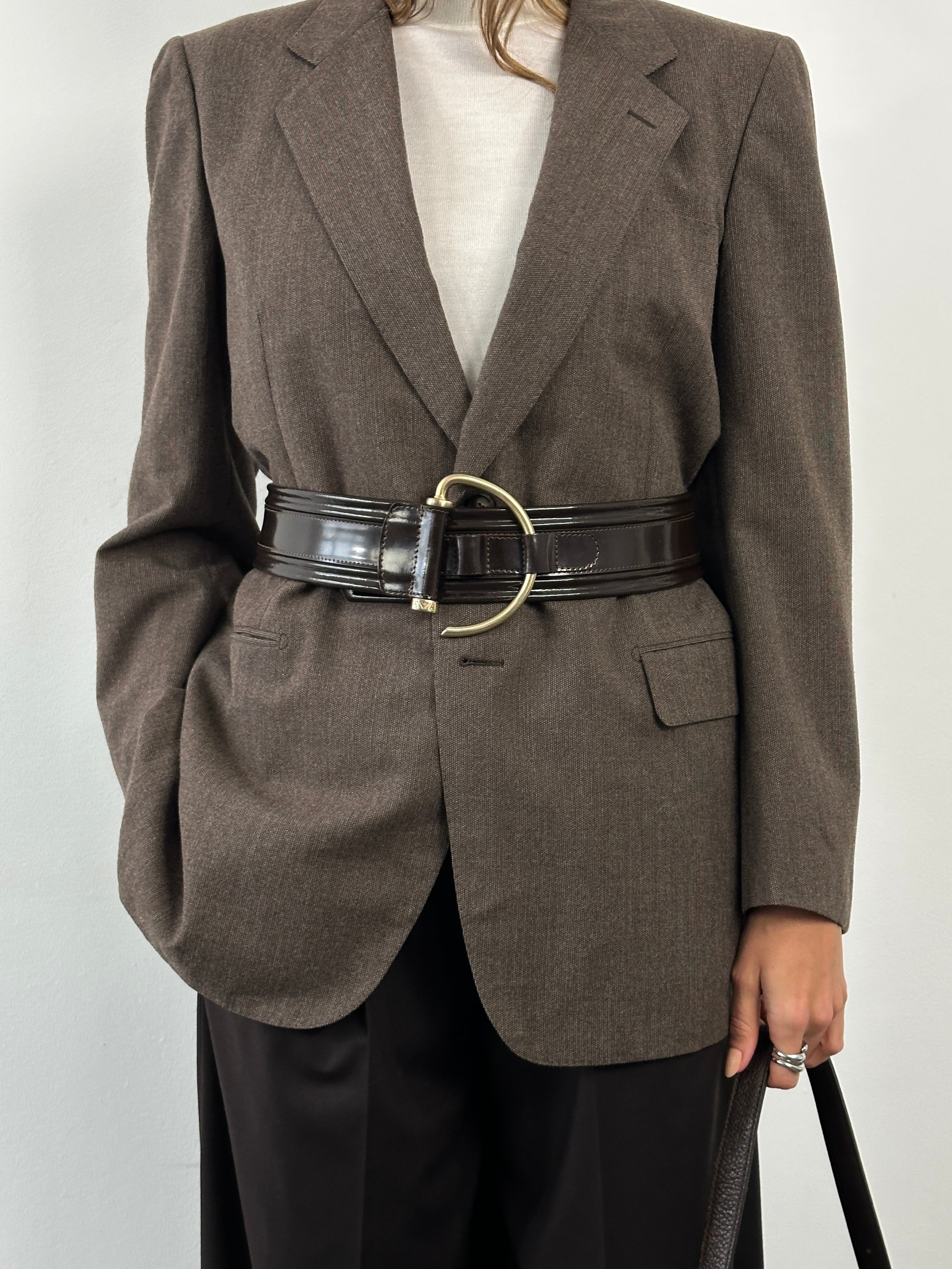 Emporio Armani leather D-ring belt in black, size W32-36, featuring a classic metal D-ring buckle and sleek design.