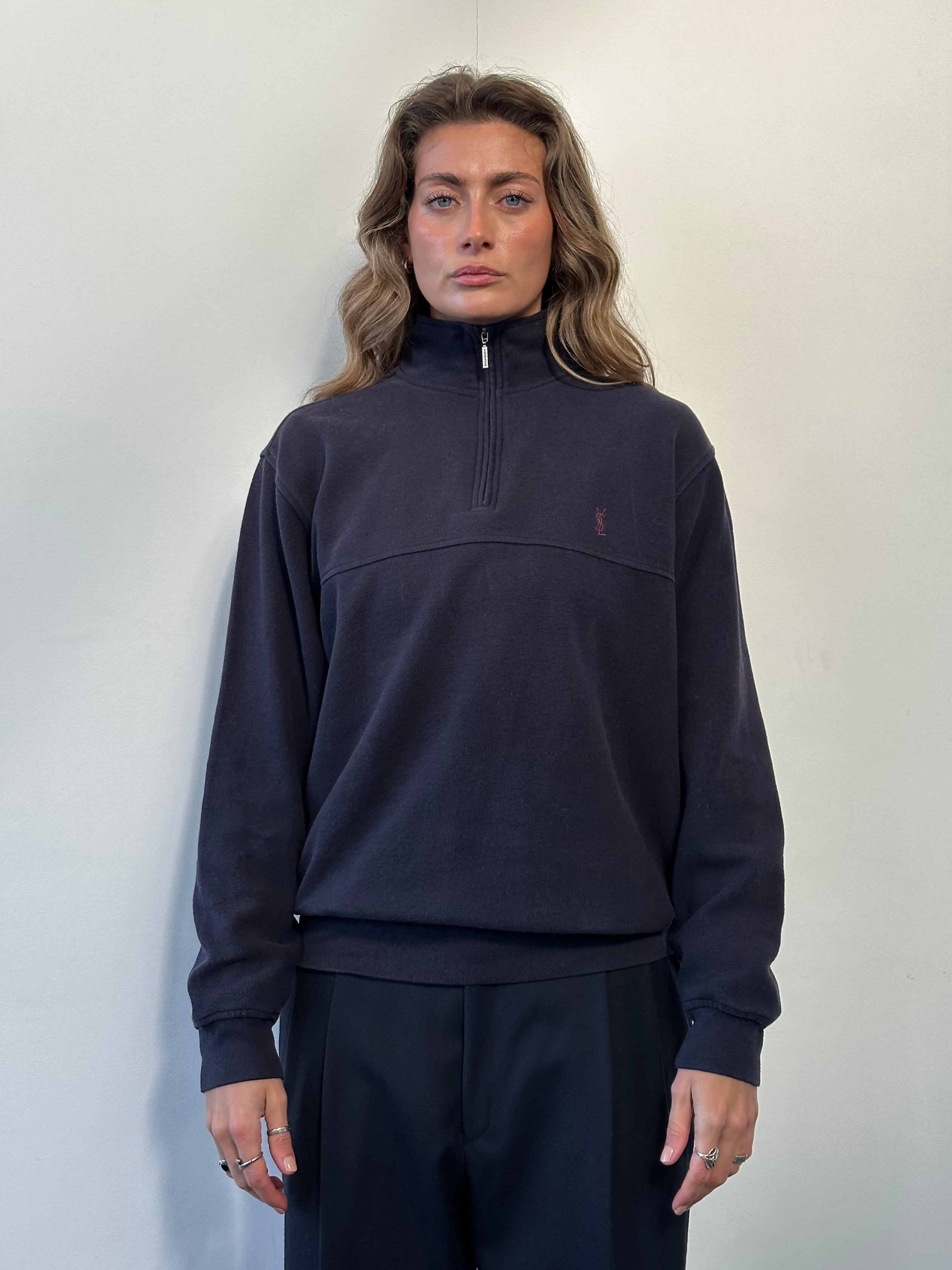 Yves Saint Laurent Cotton Logo Quarter Zip Sweatshirt - M/L - SYLK