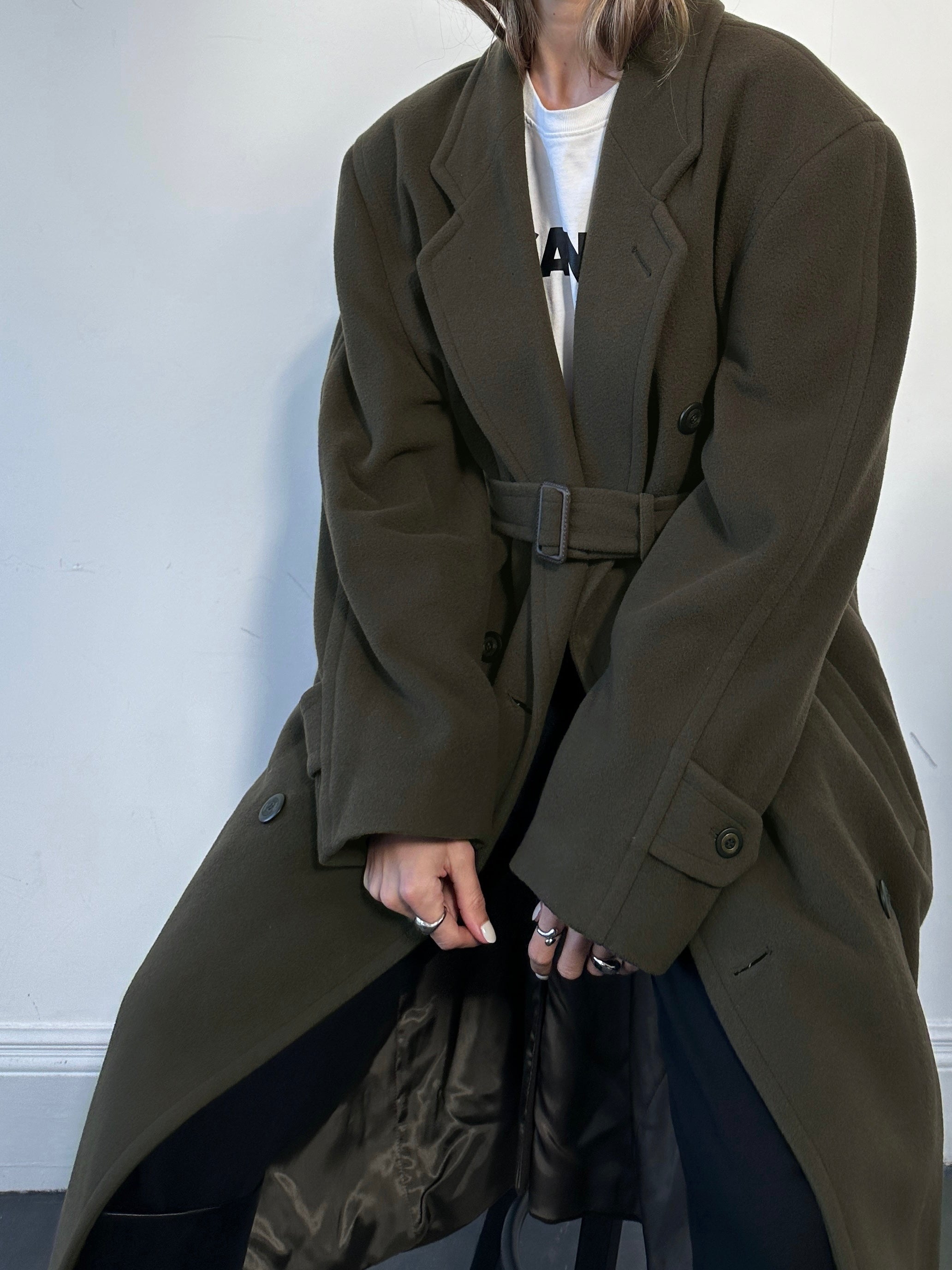 Vintage double-breasted floor-length wool cashmere coat with belt in XL size, showcasing classic style and textured fabric.
