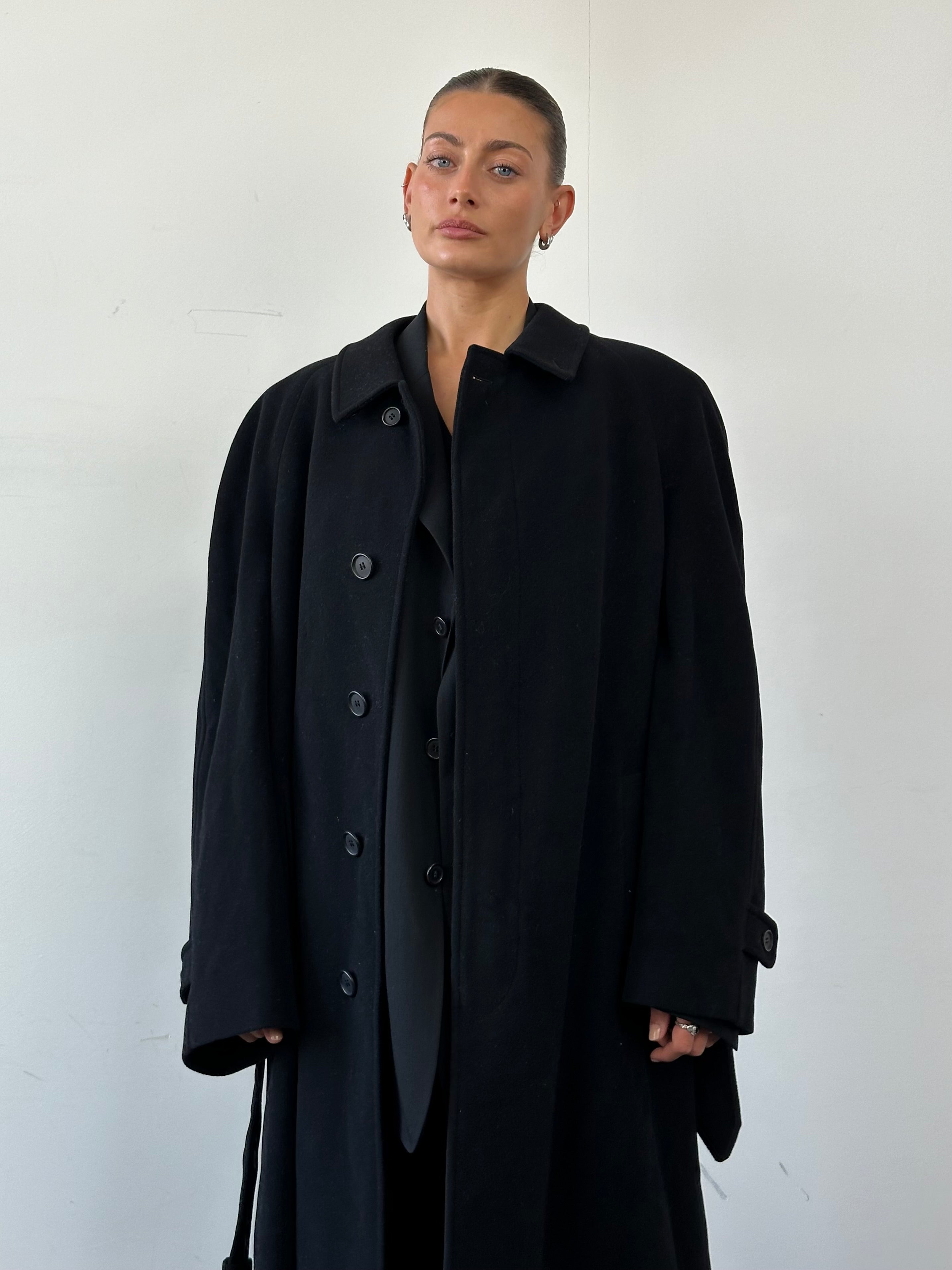 Giorgio Armani Le Collezioni belted wool coat in XXL, featuring a classic tailored design and neutral color for sophisticated style.