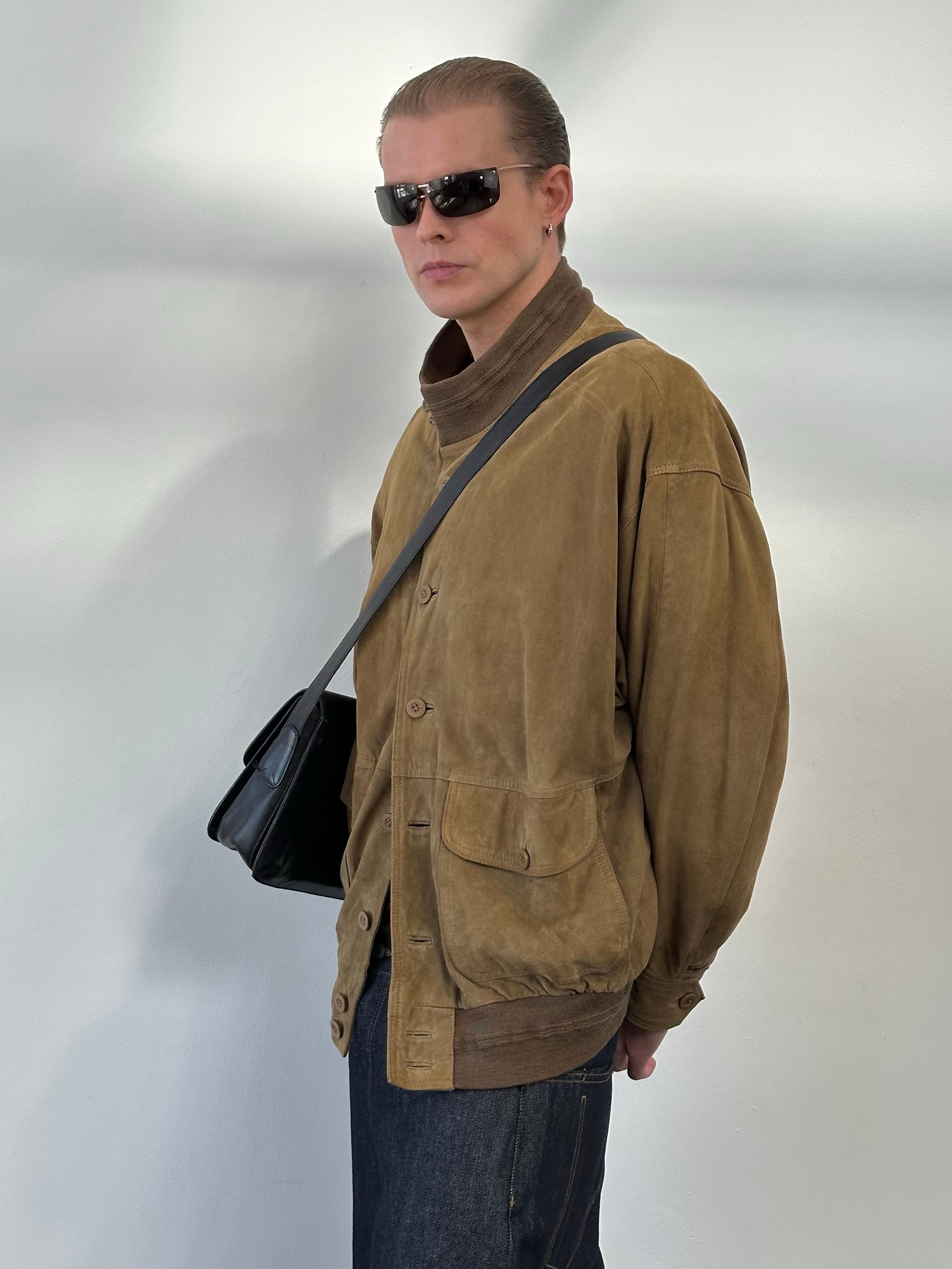 Vintage 1990s High Neck Suede Bomber Jacket - L