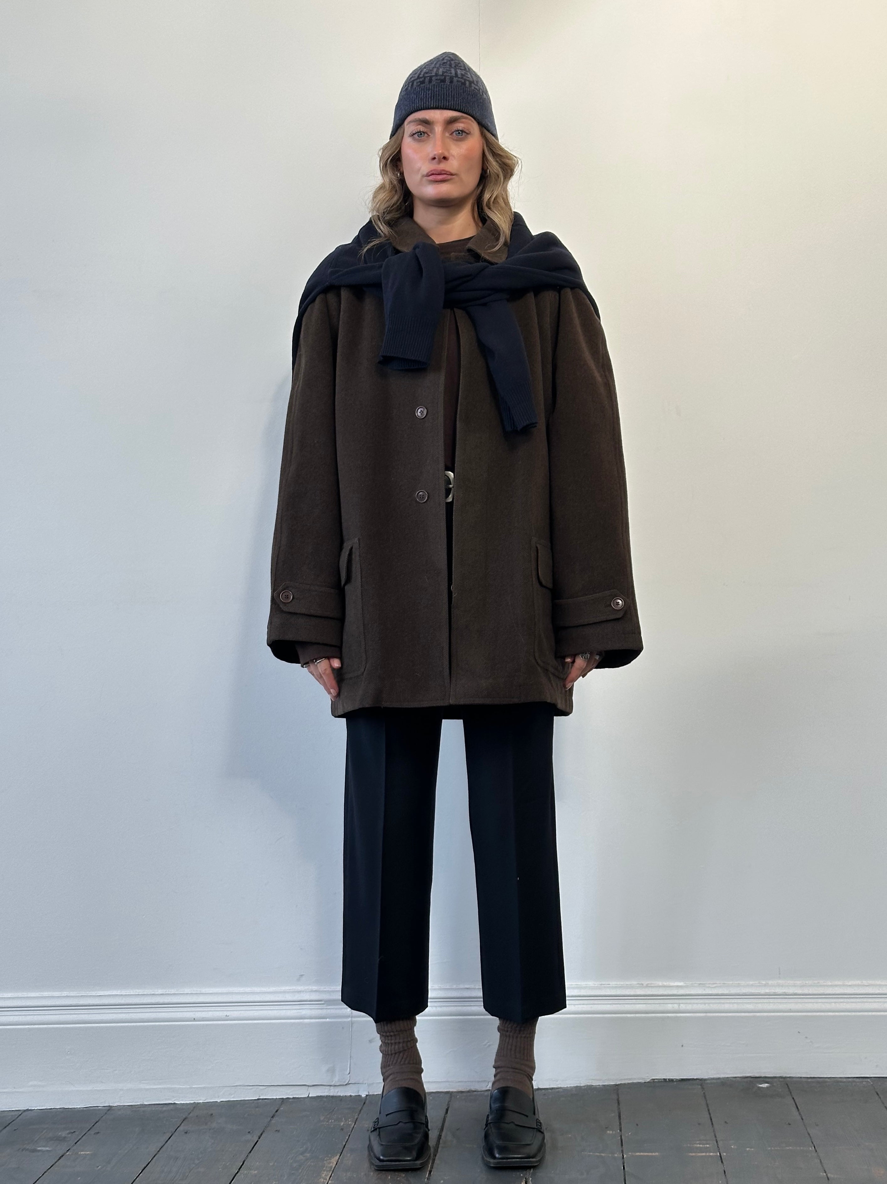 Valentino 80s-90s wool coat with concealed placket in XL, featuring a classic tailored design and neutral color.
