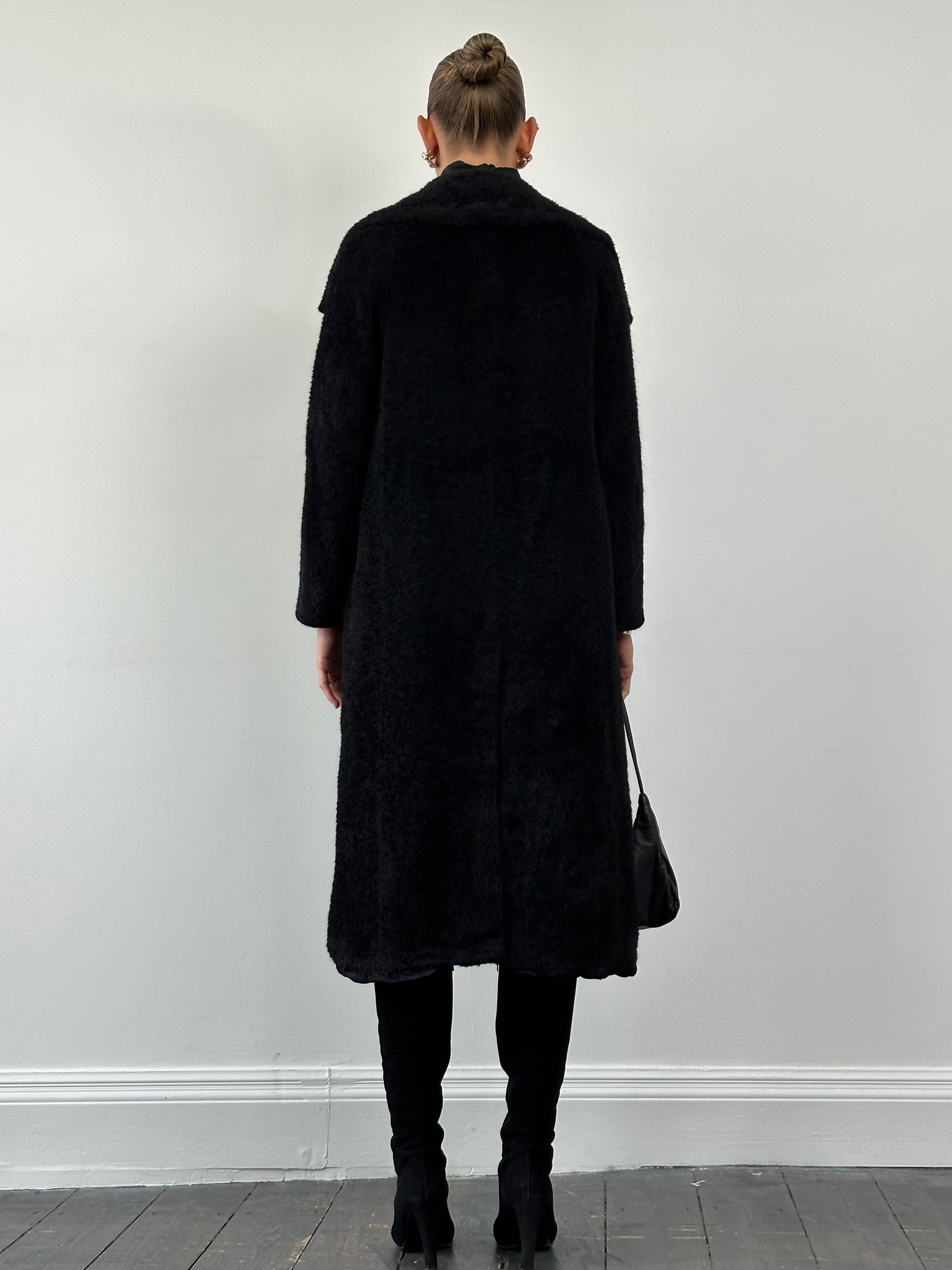Max Mara Teddy alpaca wool coat in beige, front view showing plush textured fabric and classic collar, size S/M