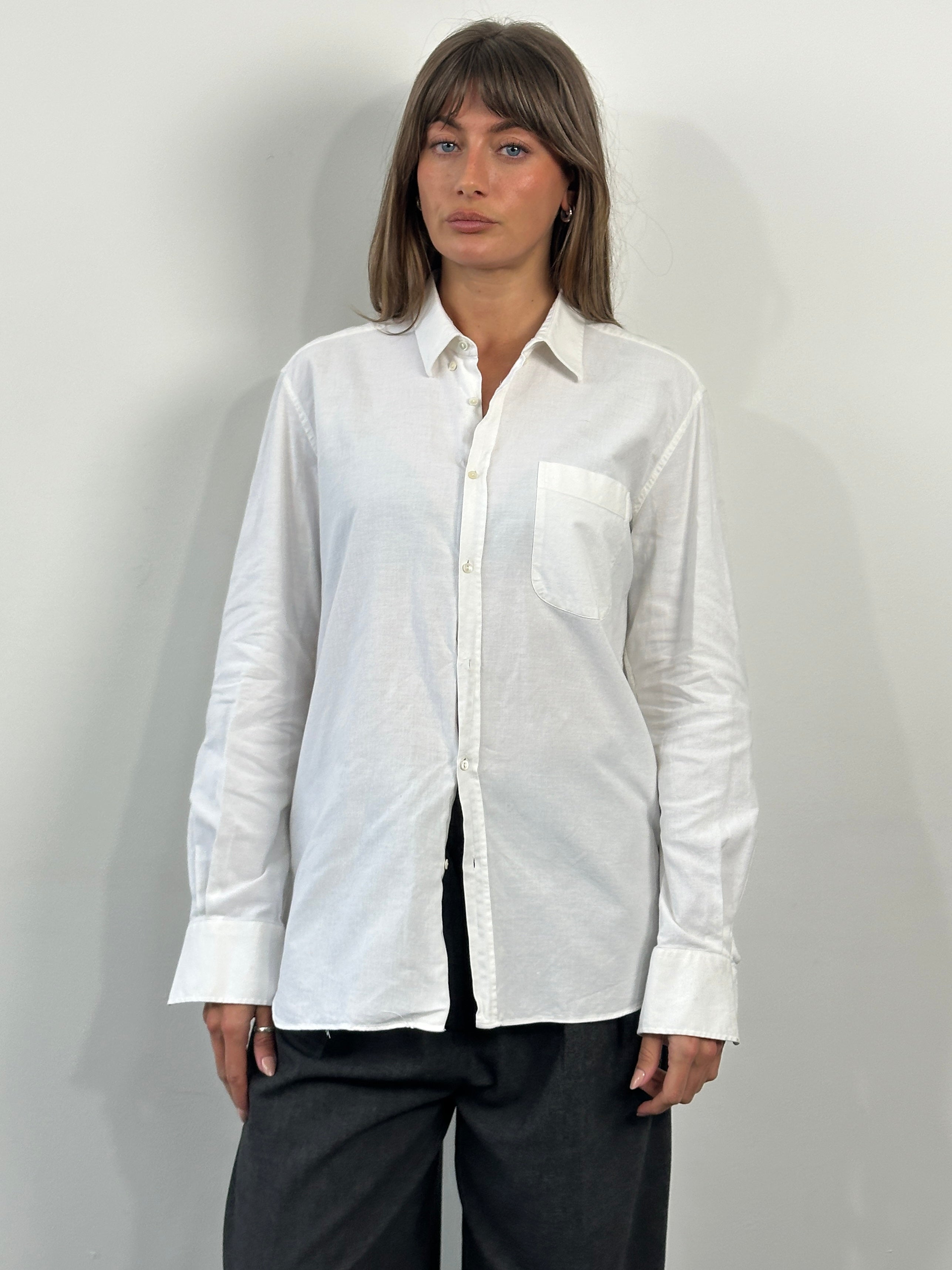 Yves Saint Laurent 1990s pure cotton shirt, men's size L, featuring classic design and crisp white fabric.