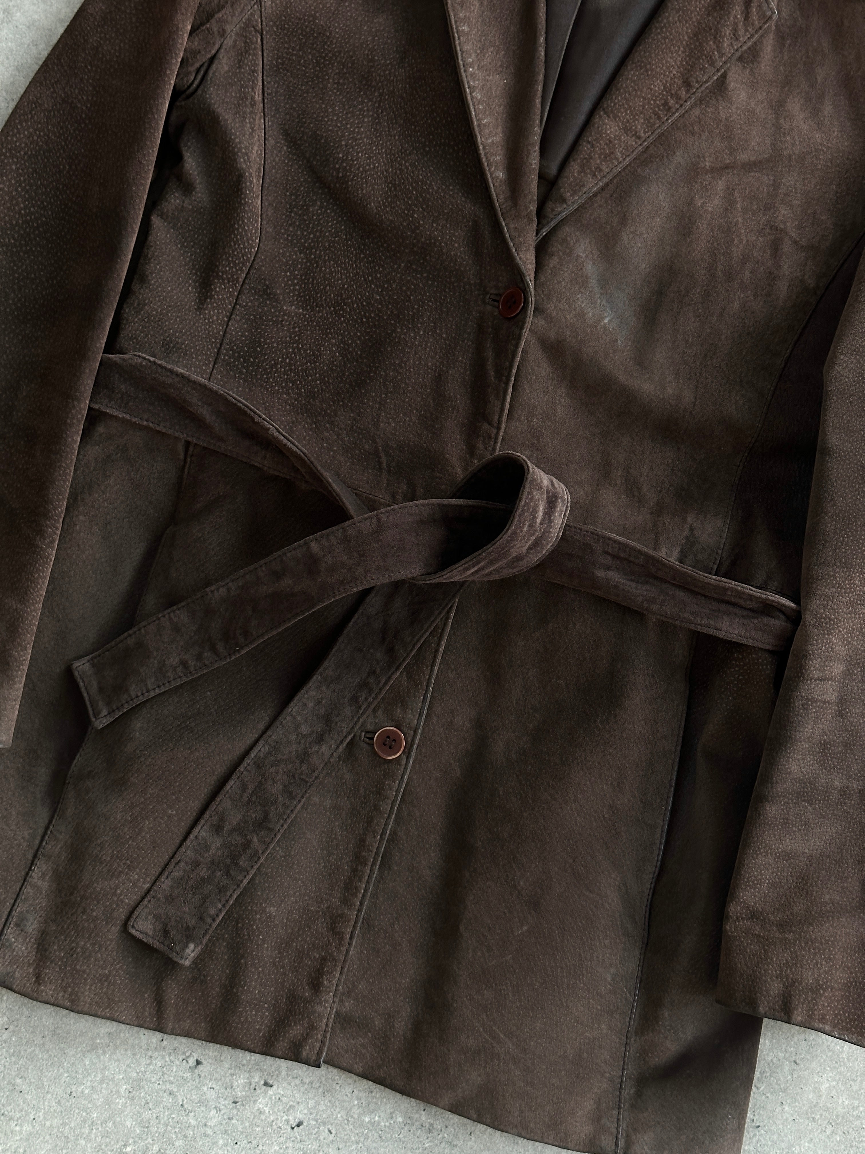 Vintage suede leather jacket with belted waist in size S/M, stylish and classic outerwear for a vintage-inspired look.