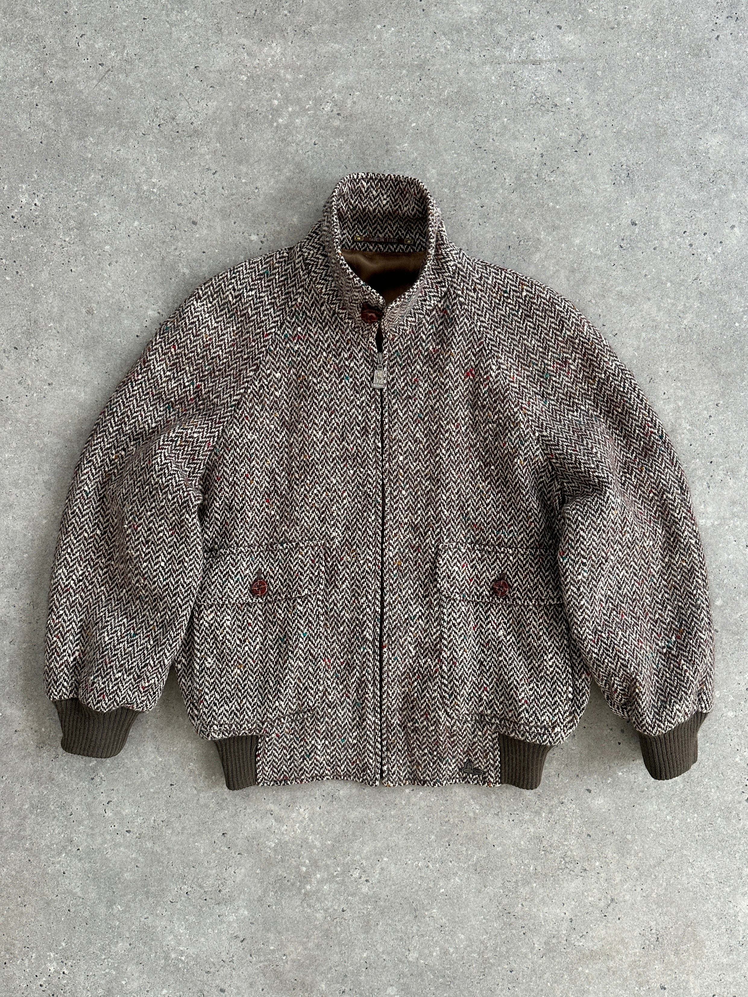 Vintage pure wool herringbone bomber jacket, size large, featuring classic pattern and tailored fit, front view with collar and cuffs.