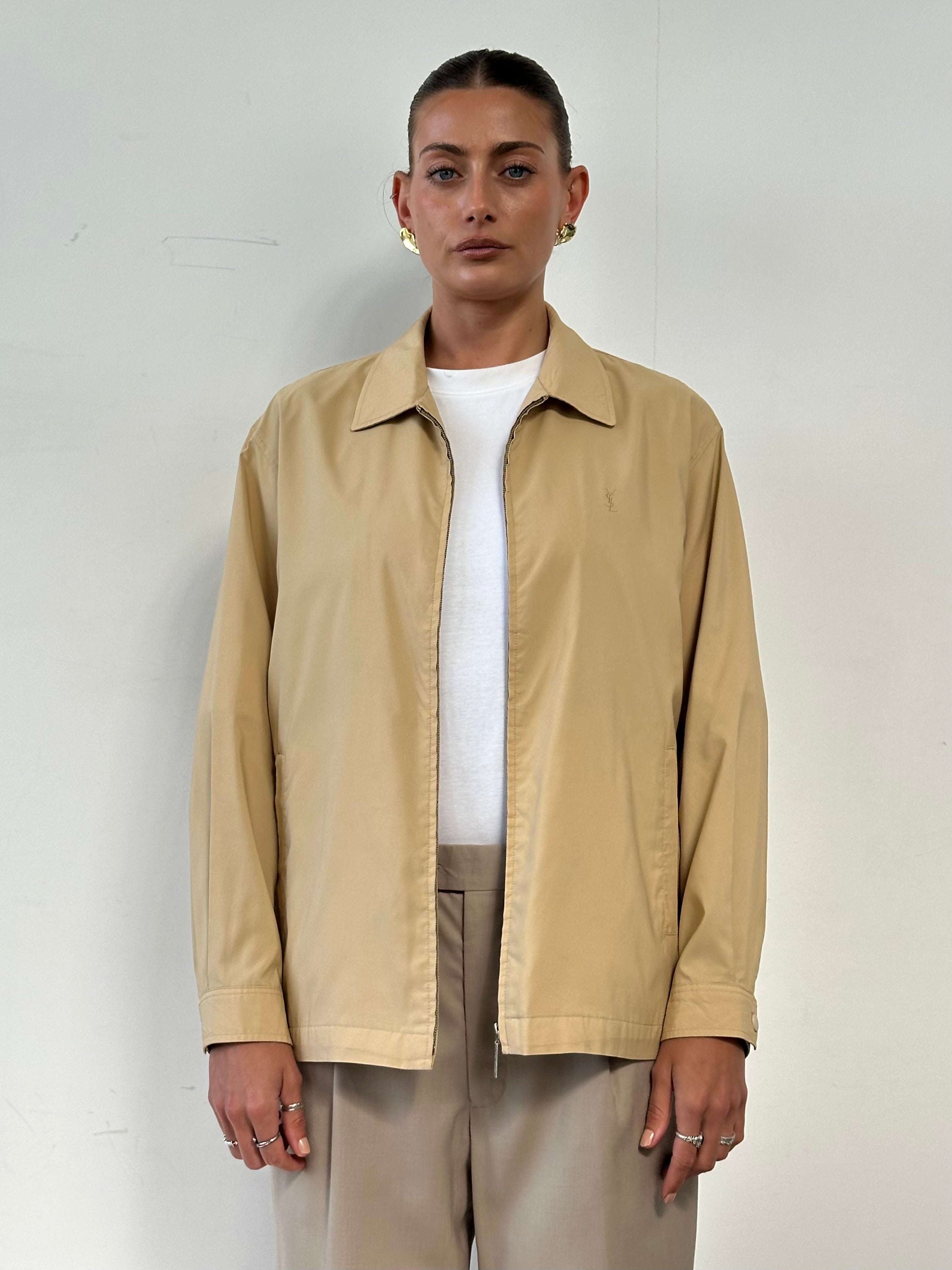 Yves Saint Laurent Pour Homme logo bomber jacket in size L, featuring a sleek design with prominent YSL branding on the front.
