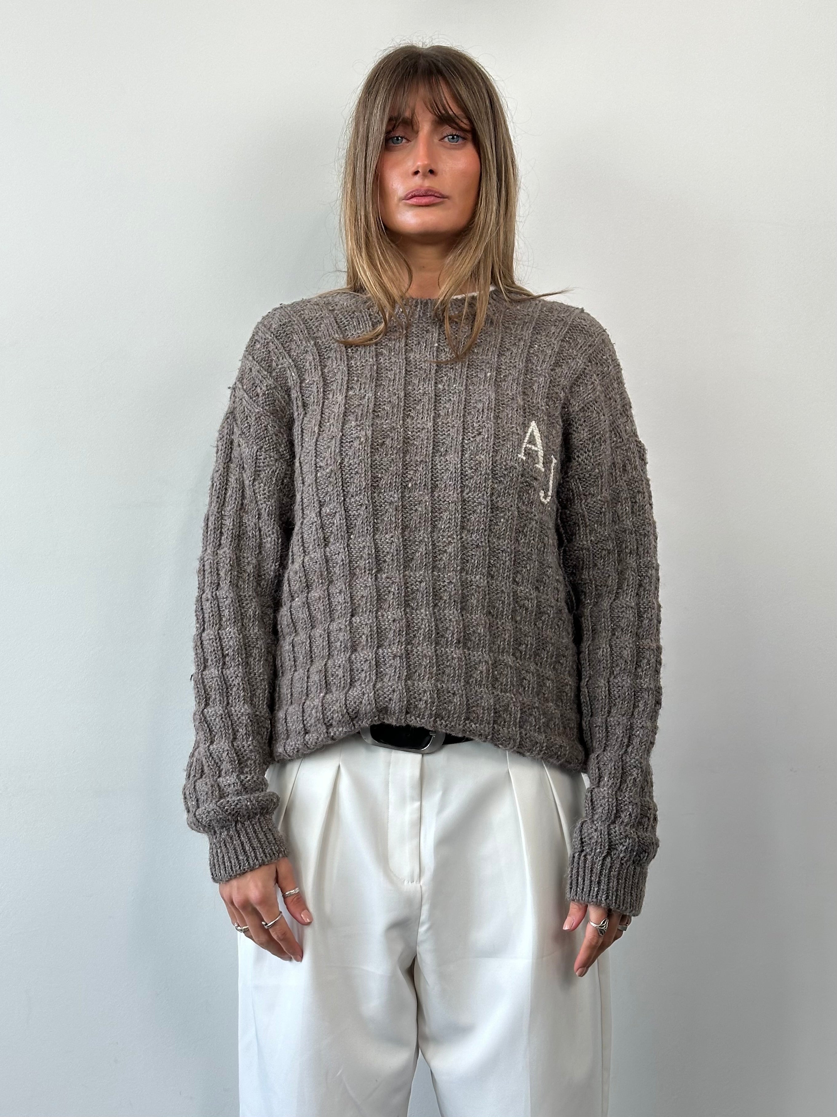 Armani Jeans wool alpaca knitted jumper with AJ logo in size L/XL, featuring a cozy, textured knit in neutral tones.