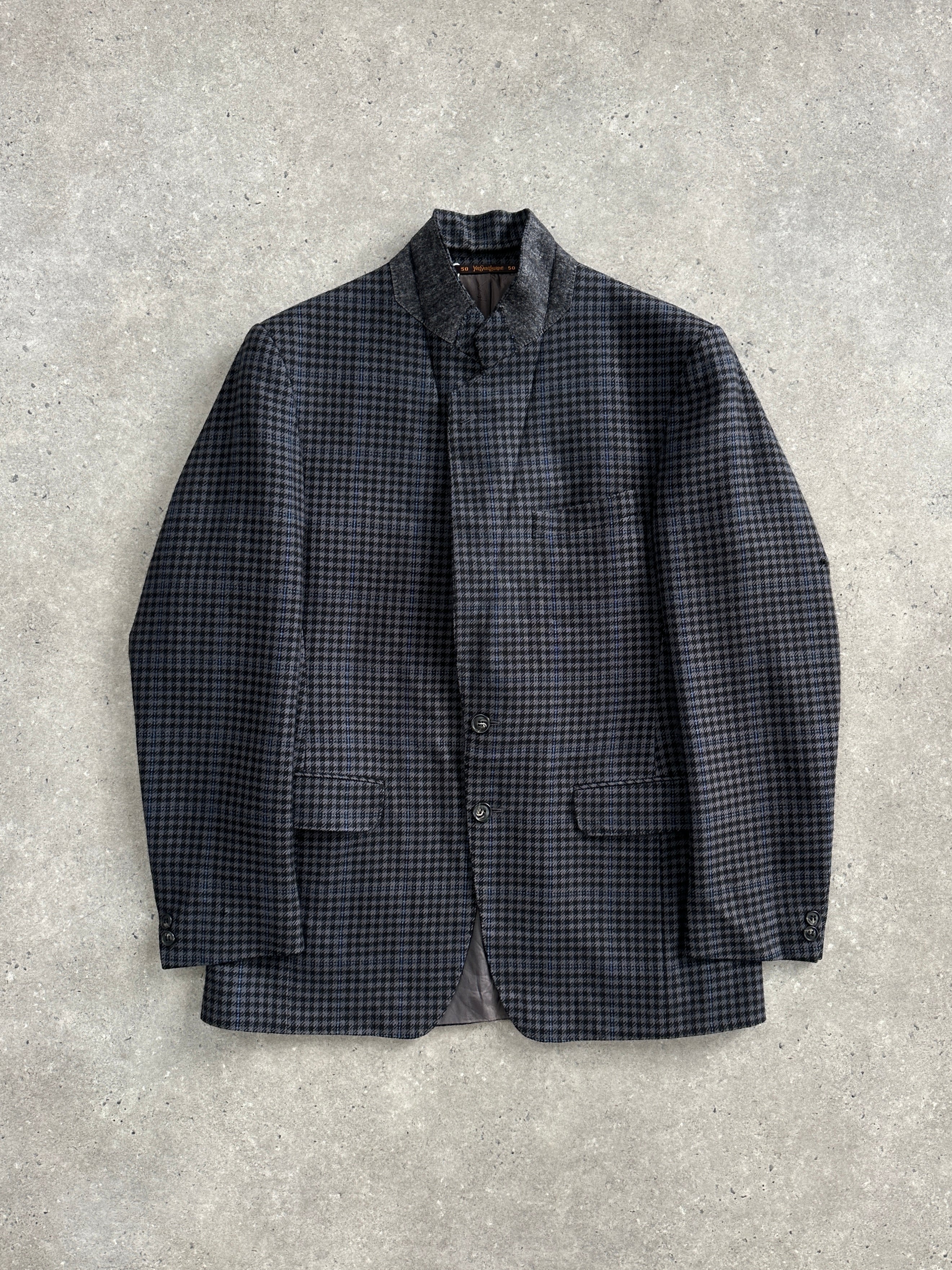 Yves Saint Laurent 1980s check brushed wool blazer in size 40R/L, featuring a tailored fit and classic plaid pattern.