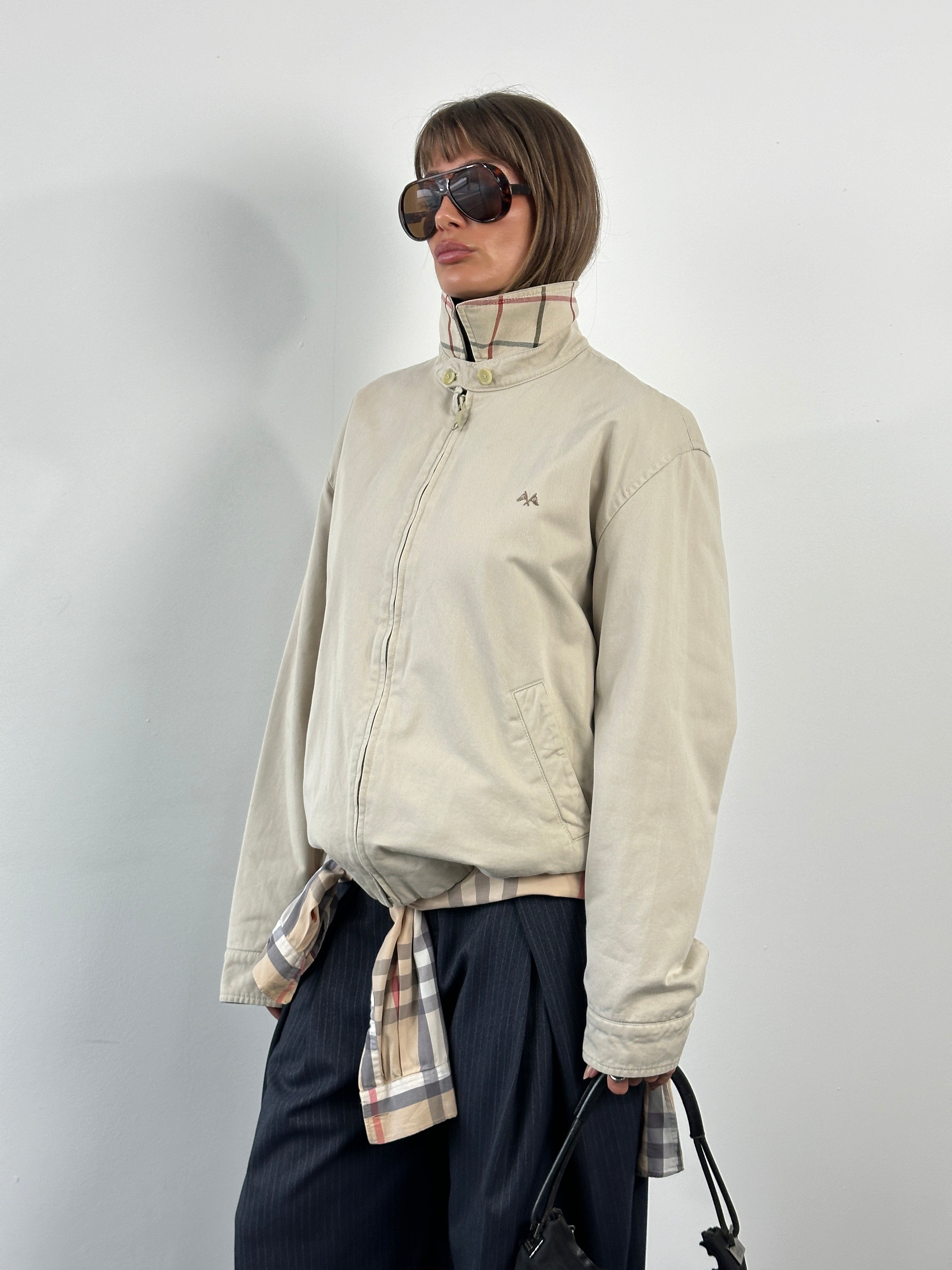 Thomas Burberry 1990s cotton Harrington bomber jacket in XL, classic Burberry design with a button-up front and ribbed cuffs.