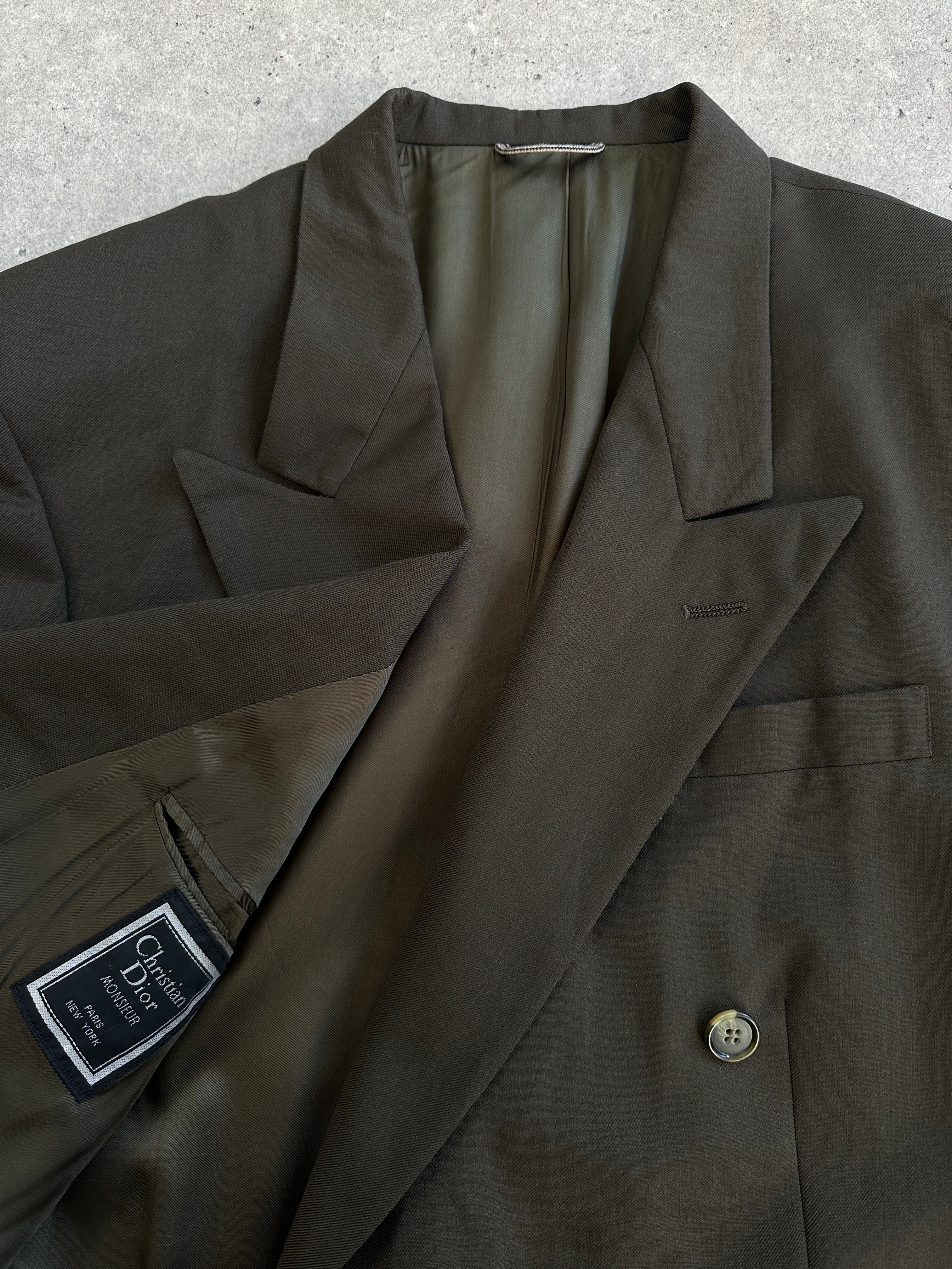 Christian Dior Monsieur 1980s pure wool double-breasted blazer in size 41R/XL, featuring classic tailored design and structured fit.