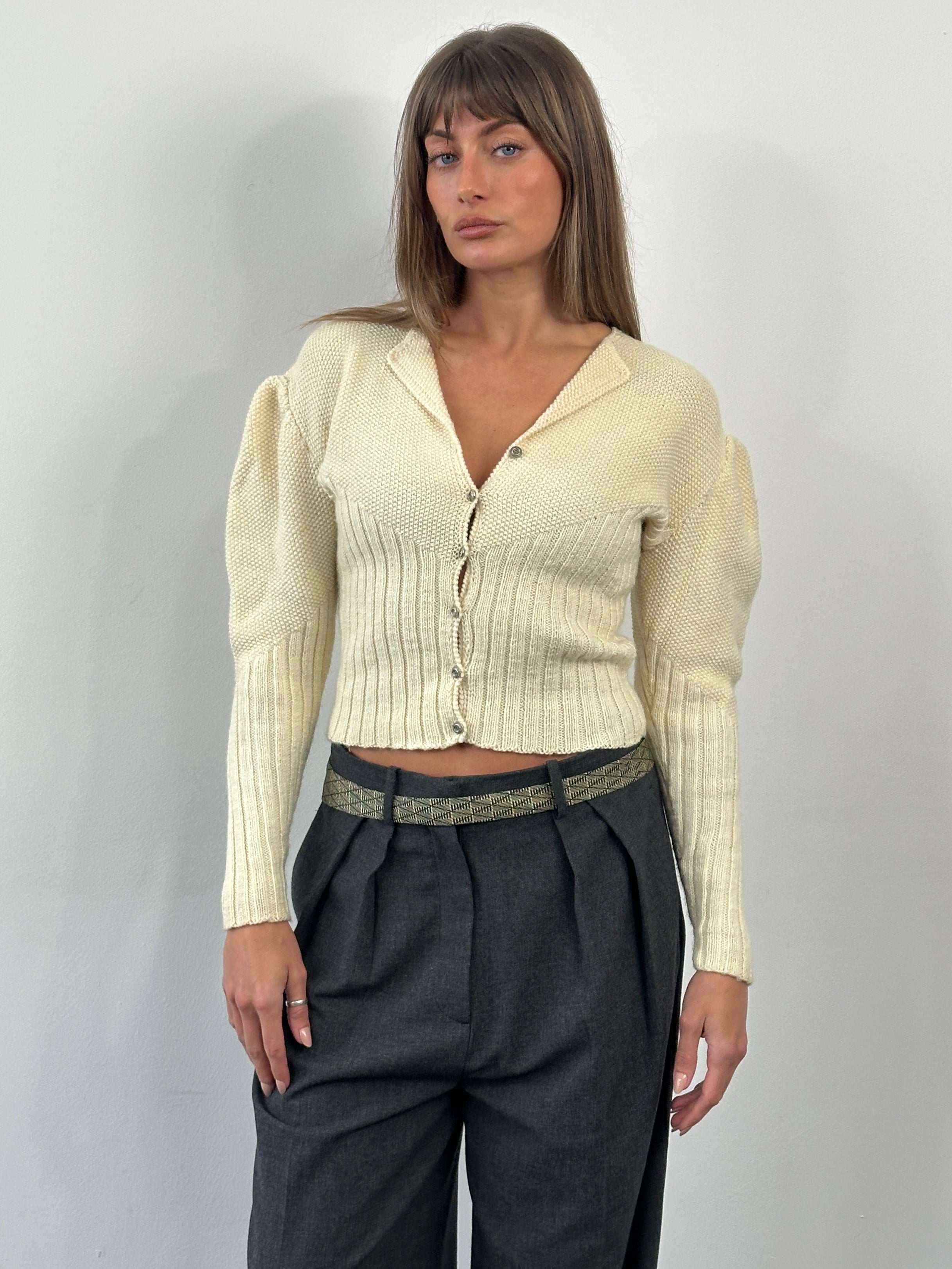 Vintage 1980s wool puff sleeve knitted cardigan in cream with button front and ribbed cuffs, size S/M.